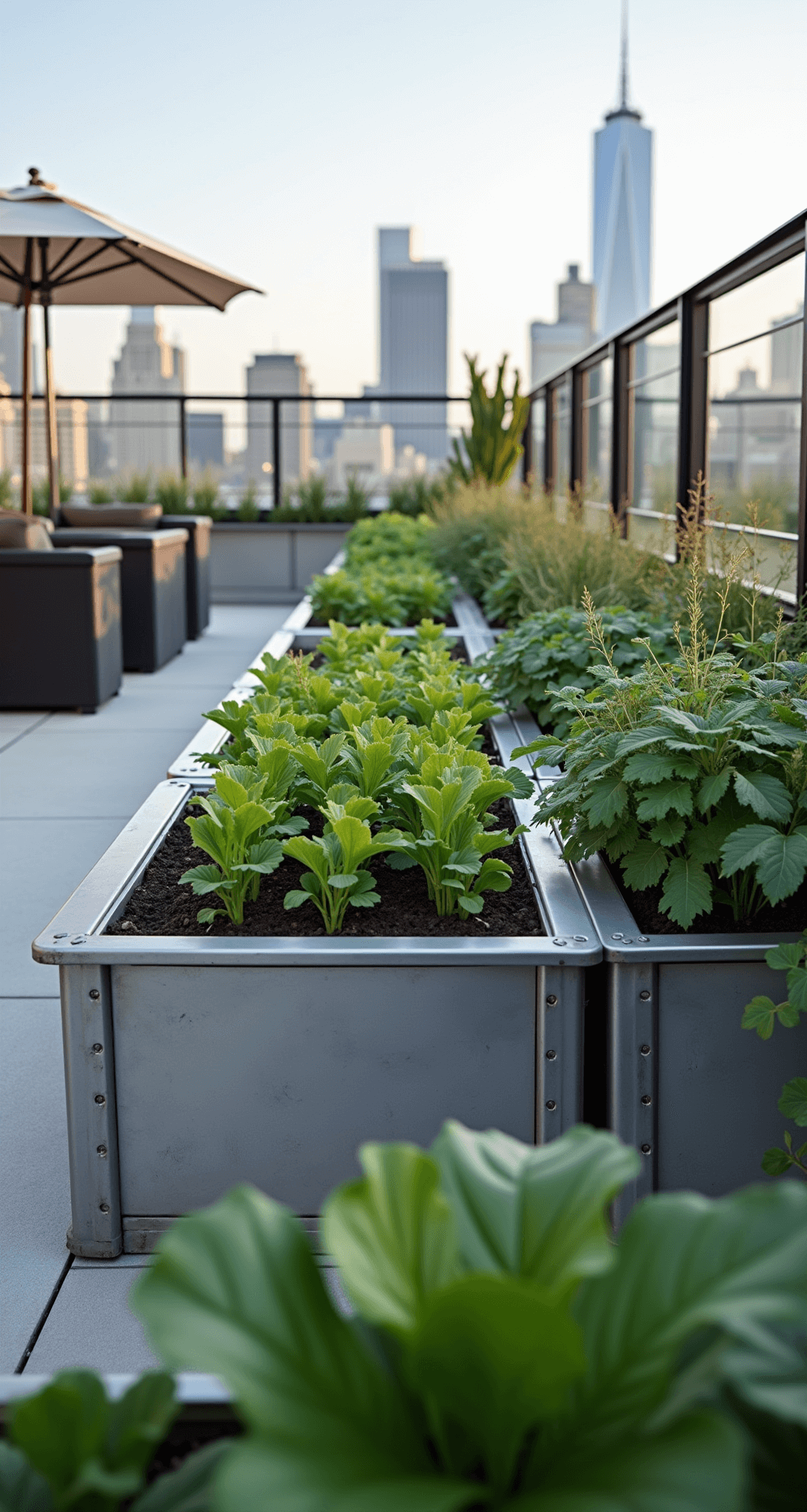 Modern urban rooftop with six sleek galvanized steel raised beds, showcasing vibrant greens and a drip irrigation system, set against a slightly blurred downtown skyline and contemporary outdoor furniture.