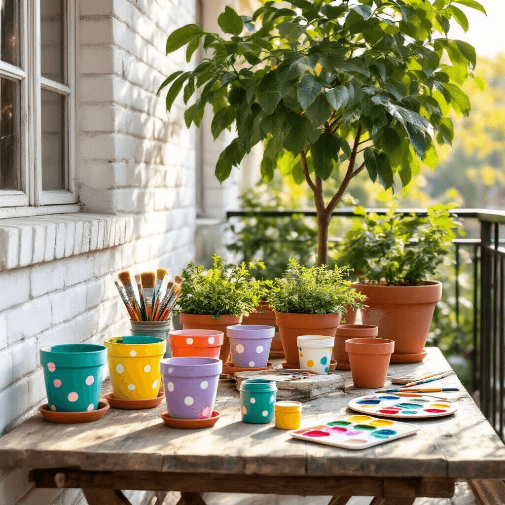 A sun-drenched balcony with whitewashed brick walls features a rustic wooden table adorned with vibrant polka dot terracotta pots, painting supplies scattered nearby, and a large ficus tree in the corner, all bathed in warm golden afternoon light.