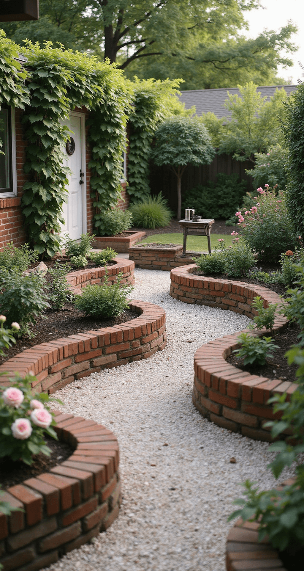 Intimate cottage garden with curved raised beds made of reclaimed brick, featuring climbing roses, crushed shell paths, and vintage accessories, captured in soft afternoon light with a shallow depth of field.