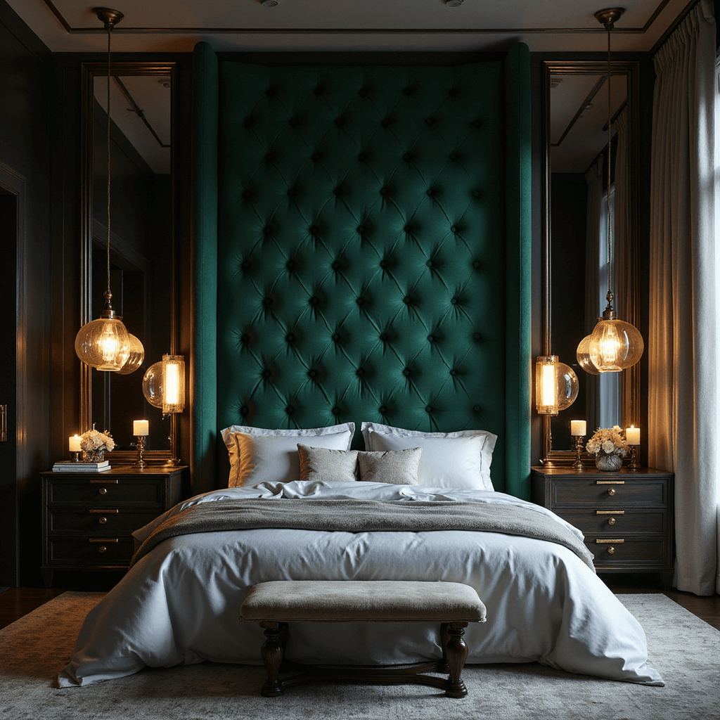 Dramatic bedroom scene featuring an oversized tufted emerald velvet headboard, a king bed with platinum silk sheets, Art Deco pendant lights, dark wood furniture with gold inlay, and a massive mirror reflecting candlelight, all illuminated by moody uplighting.