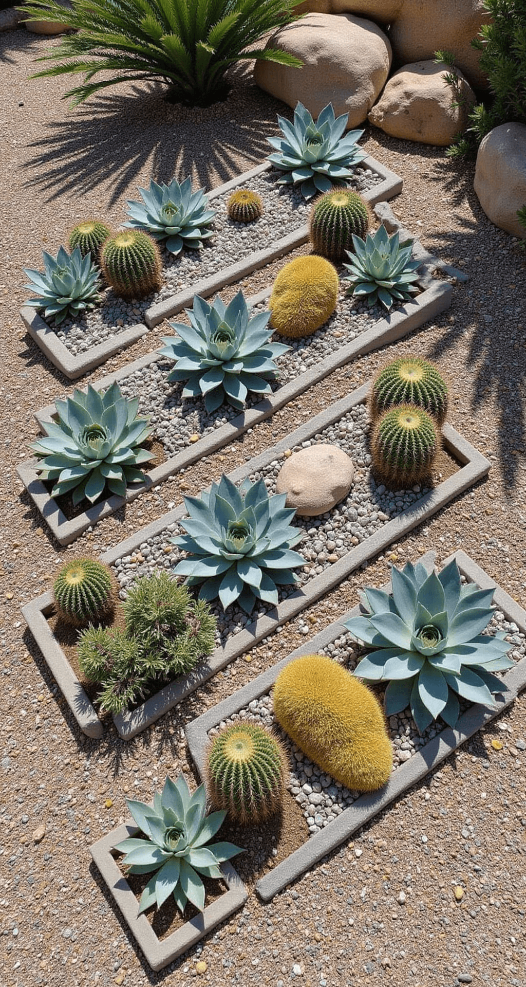 Aerial view of a drought-resistant garden with concrete block raised beds in a grid pattern, featuring succulent plantings, silver-blue agave, and golden barrel cactus, surrounded by pea gravel pathways and boulder accents under harsh midday sun.