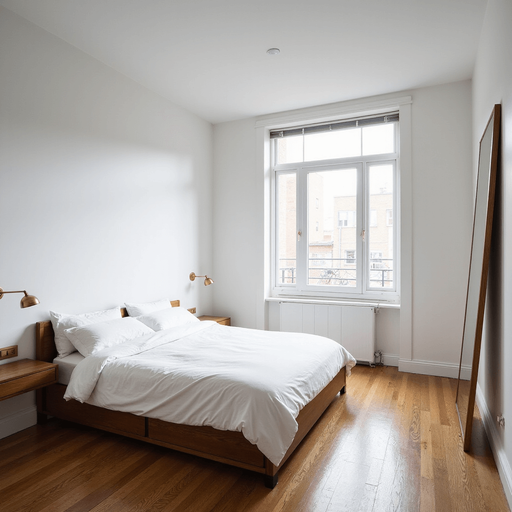 Minimalist 10x12ft bedroom with queen bed, white linens, brass accents, and walnut nightstands, illuminated by morning light from an east-facing window, featuring hardwood floors, matte white walls, and a floor-length mirror.