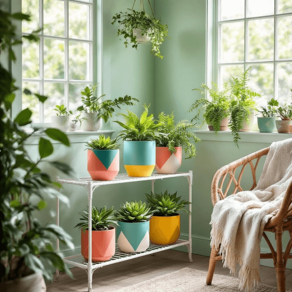 A cozy indoor greenhouse corner with mint green walls, featuring a white metal plant stand holding colorful geometric pots of succulents and ferns, a rattan chair draped with a throw blanket, all bathed in soft afternoon light.