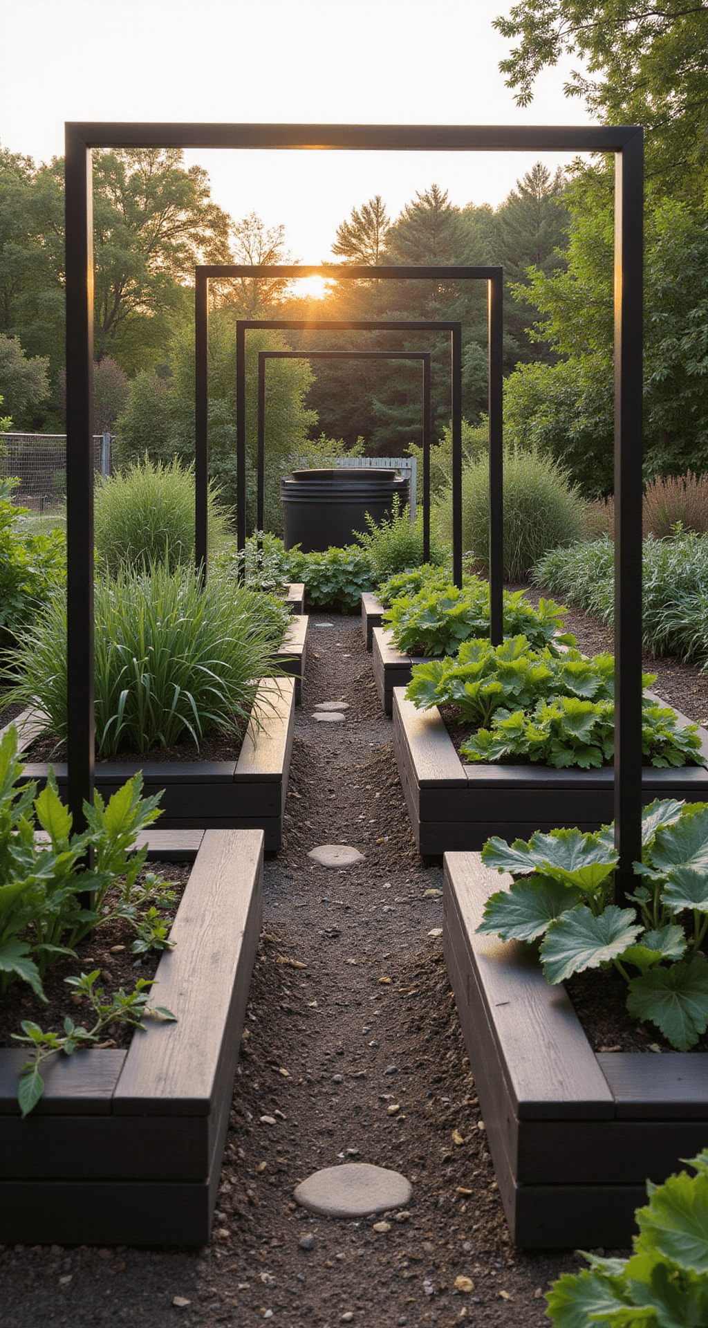 Sustainable garden at sunrise featuring recycled plastic lumber beds in dark brown finish, with four 48-inch-tall accessible beds, wide paths, and built-in seating edges. Vertical growing systems showcase mixed edibles and companion planting, while a composting system is visible in the background. Shot from standing height to highlight ergonomic design.