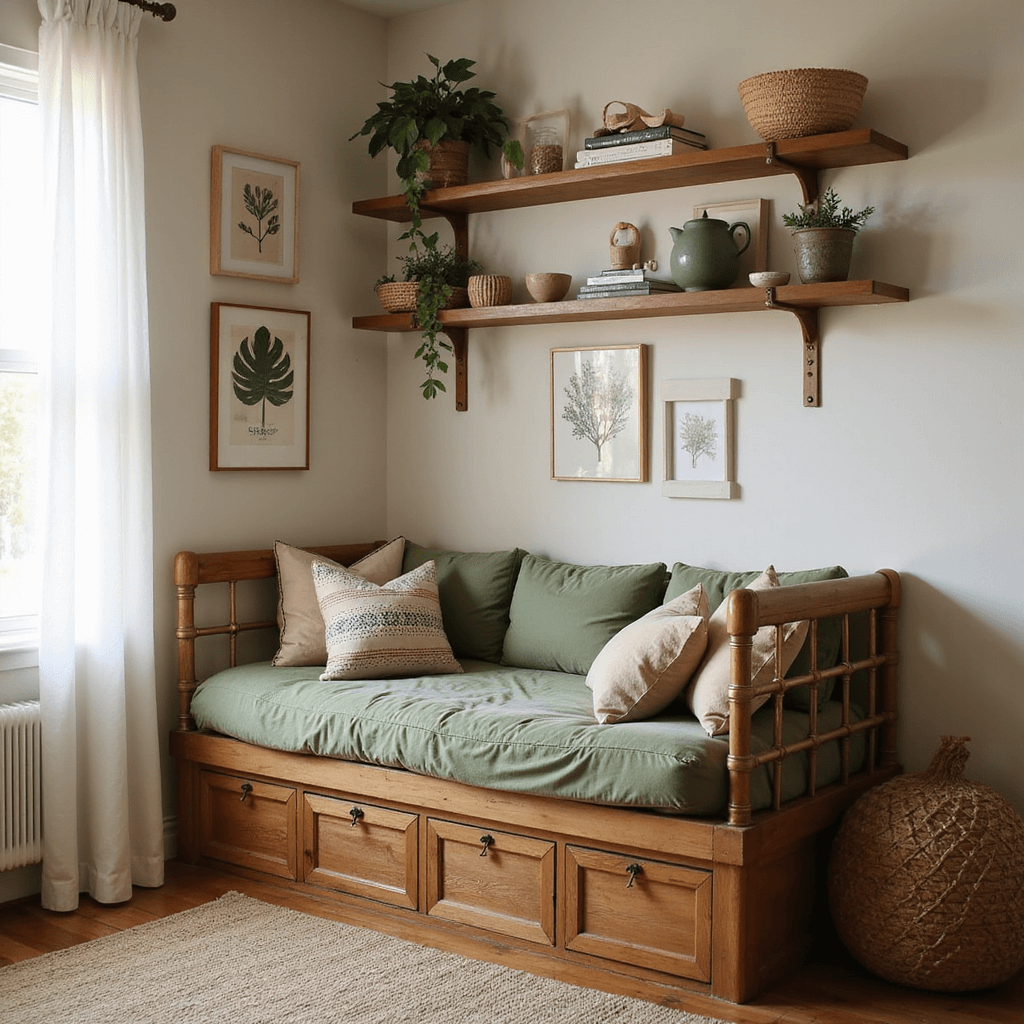 Compact bedroom featuring a corner daybed with sage green upholstery and brass pipe frame, illuminated by warm golden hour light through sheer white curtains. Built-in storage cubbies and floating shelves with neutral decor enhance the modern bohemian aesthetic.
