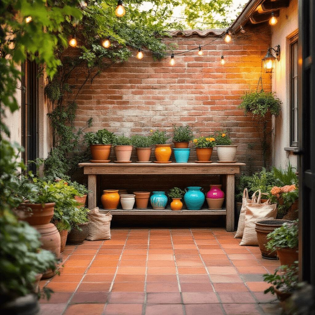 A charming outdoor patio at golden hour, featuring warm terracotta tiles, a weathered brick wall, and a rustic wooden potting bench displaying an eclectic array of newly painted pots in various techniques and colors, surrounded by garden tools and lush greenery, with magical string lights above.