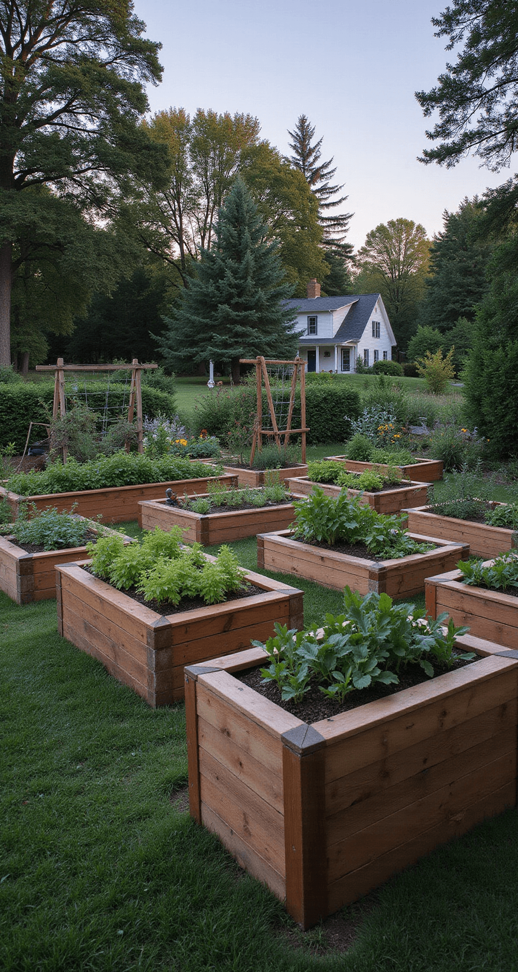 Heritage vegetable garden at dusk featuring multi-level cedar raised beds in a traditional four-square design, with heirloom vegetables arranged in historical patterns, handcrafted trellises for legacy beans, period tools, and water features, all illuminated by soft evening light for a nostalgic atmosphere.