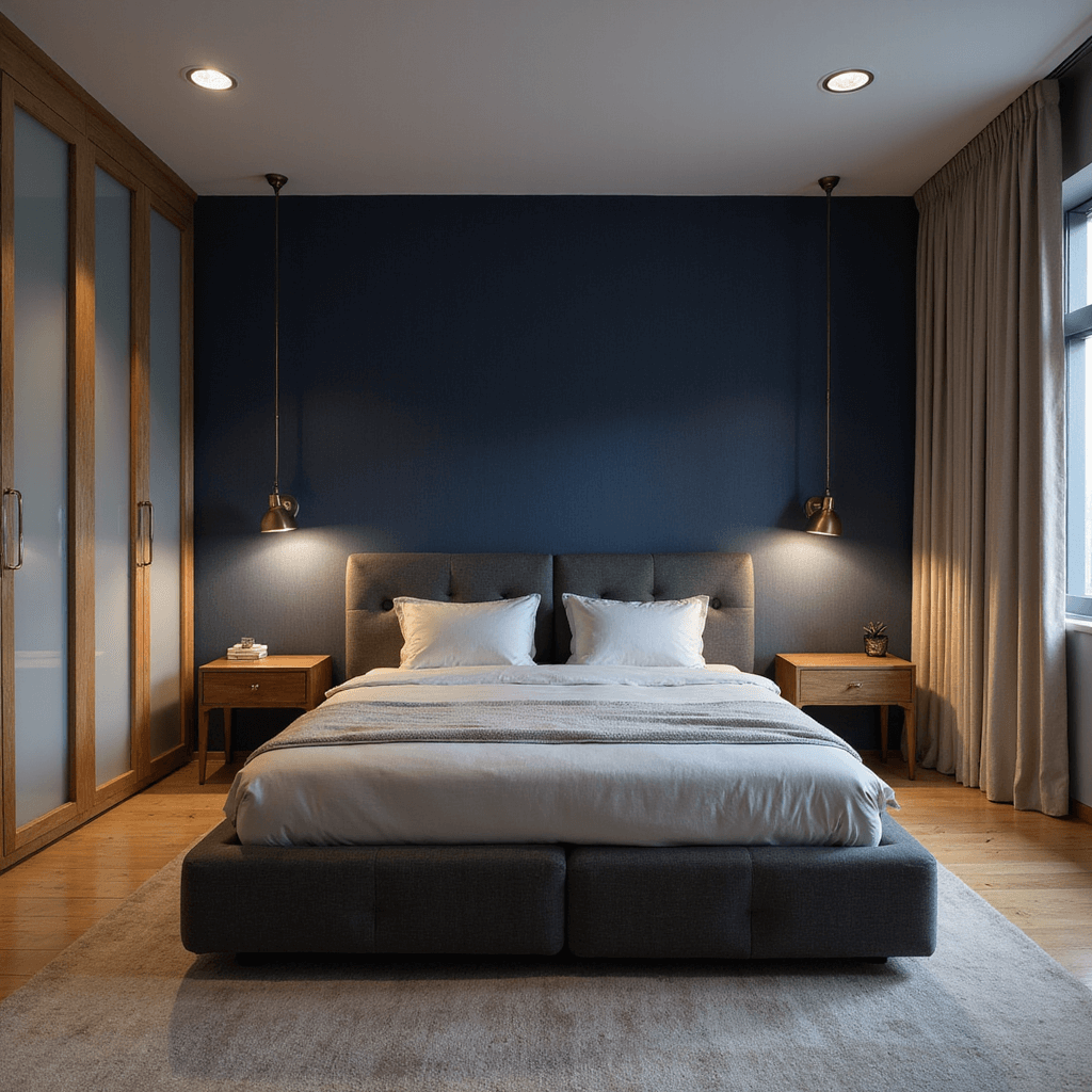 A sophisticated 12x12ft bedroom at blue hour featuring a centered queen bed with a charcoal linen headboard against a deep navy grasscloth accent wall, flanked by slim brass nightstands. Floor-to-ceiling PAX wardrobes with frosted glass doors occupy the far wall, while low-profile modern furniture in warm woods completes the symmetrical layout. The scene is illuminated with layered lighting, including a pendant, sconces, and ambient sources, creating an urban retreat atmosphere.