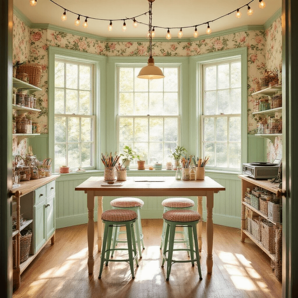 A bright and inviting 1950s-inspired craft room with large bay windows, pastel-colored metal stools at a pale wood island workstation, mint green wainscoting, floral wallpaper, colorful craft supplies in vintage shelving, a record player, and warm fairy lights overhead.