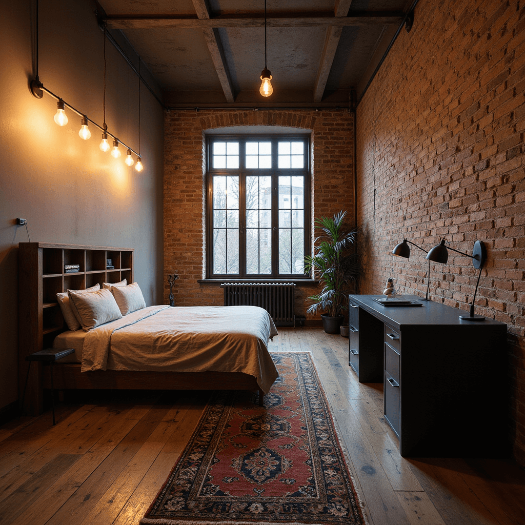 Long narrow bedroom at dusk featuring a bed beneath string lights, a custom oak bookshelf headboard, a vintage Persian runner, and a compact matte black wall-mounted desk. The image is captured from floor level, emphasizing the ceiling height with moody lighting and an industrial loft aesthetic.