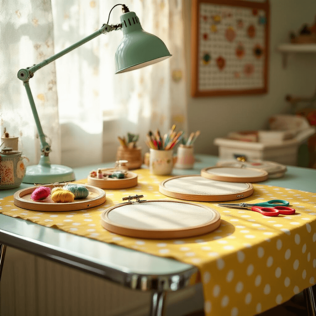 Close-up view of a retro craft table set for embroidery projects, featuring a refurbished 1950s chrome and formica table covered with a yellow polka dot cloth, wooden hoops, colorful threads, vintage scissors, and a mint green anglepoise lamp providing light, with a pegboard wall displaying patterns and tools, all bathed in warm, soft morning light.