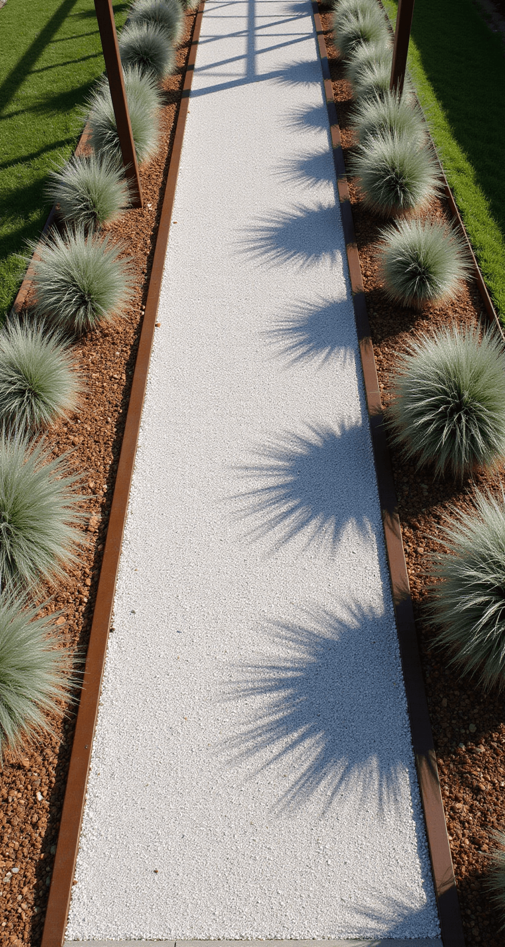 Modern minimalist gravel pathway with crushed white marble aggregate and cor-ten steel edging, flanked by rows of Mexican feather grass, captured from above with dramatic shadows and a contrasting color palette of whites, warm browns, and silver-greens.