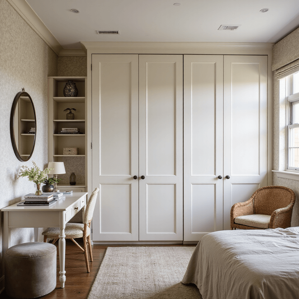 Cozy bedroom featuring a creamy white Murphy bed system with integrated desk and storage, transformed into a multifunctional seating area with a velvet ottoman and rattan accent chair, set against textural ivory wallpaper and an oversized round mirror reflecting window light, captured in soft twilight with diffused lighting for an intimate atmosphere.