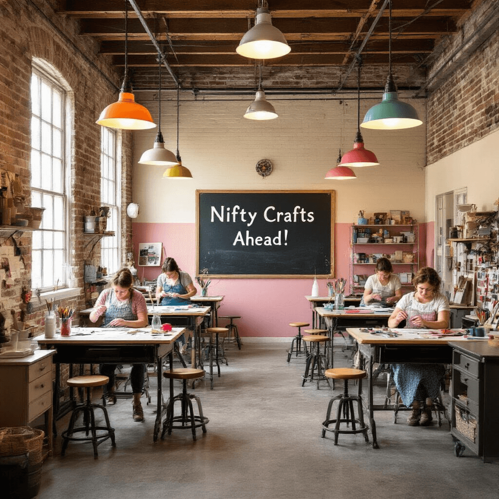 Wide-angle view of a vibrant 1950s-style craft workshop in a converted garage, featuring exposed brick walls in cream and soft pink, colorful industrial pendant lights, vintage school desks with craft supplies, and a large chalkboard reading 'Nifty Crafts Ahead!' illuminated by mid-morning natural light.