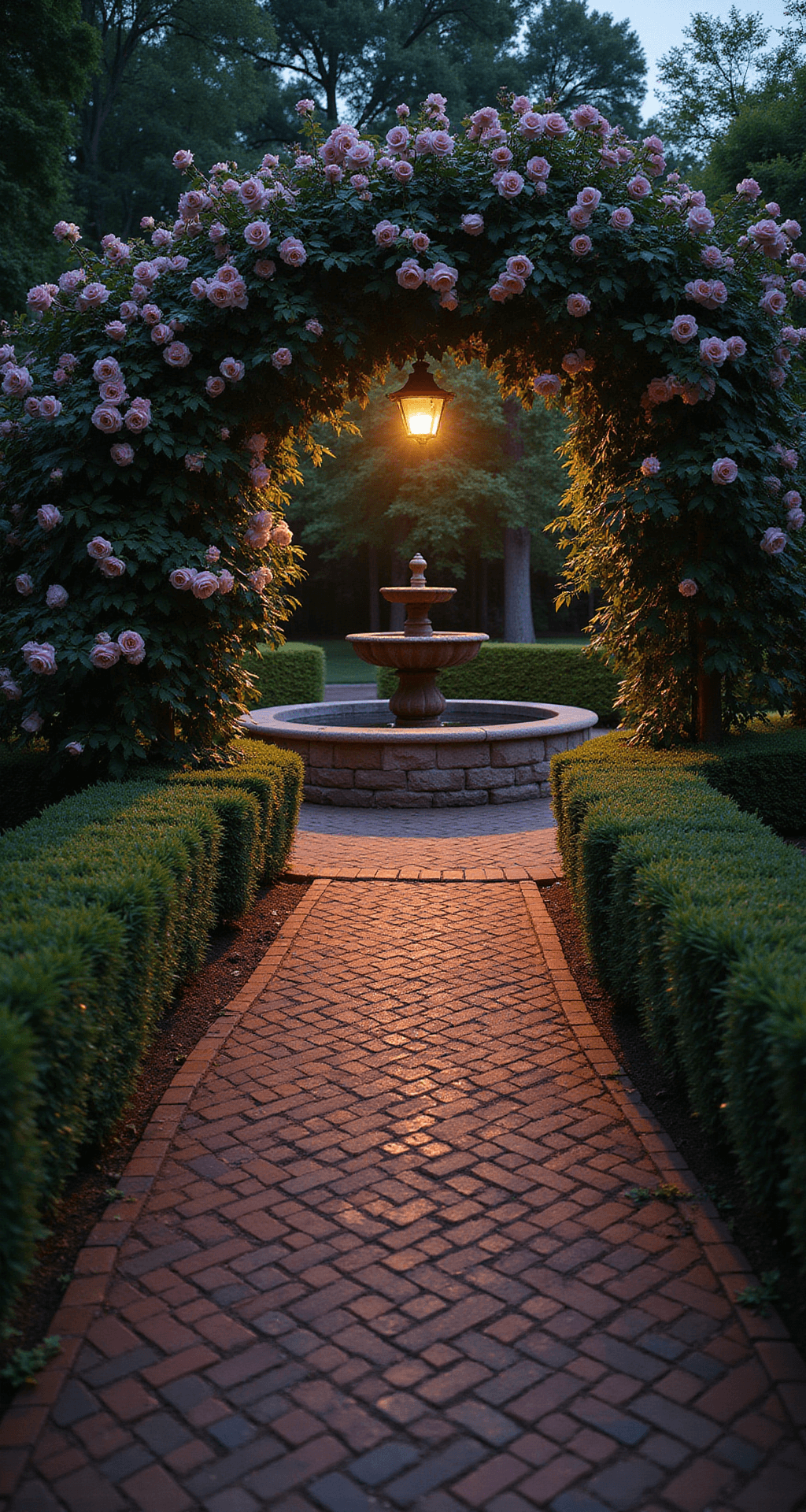 Intimate garden path at dusk featuring an antique red clay herringbone brick design, bordered by boxwood hedges and framed by climbing roses on a copper archway, illuminated by warm landscape lighting that creates golden light pools and deep shadows, with a weathered stone fountain accentuating the gentle curve of the path.