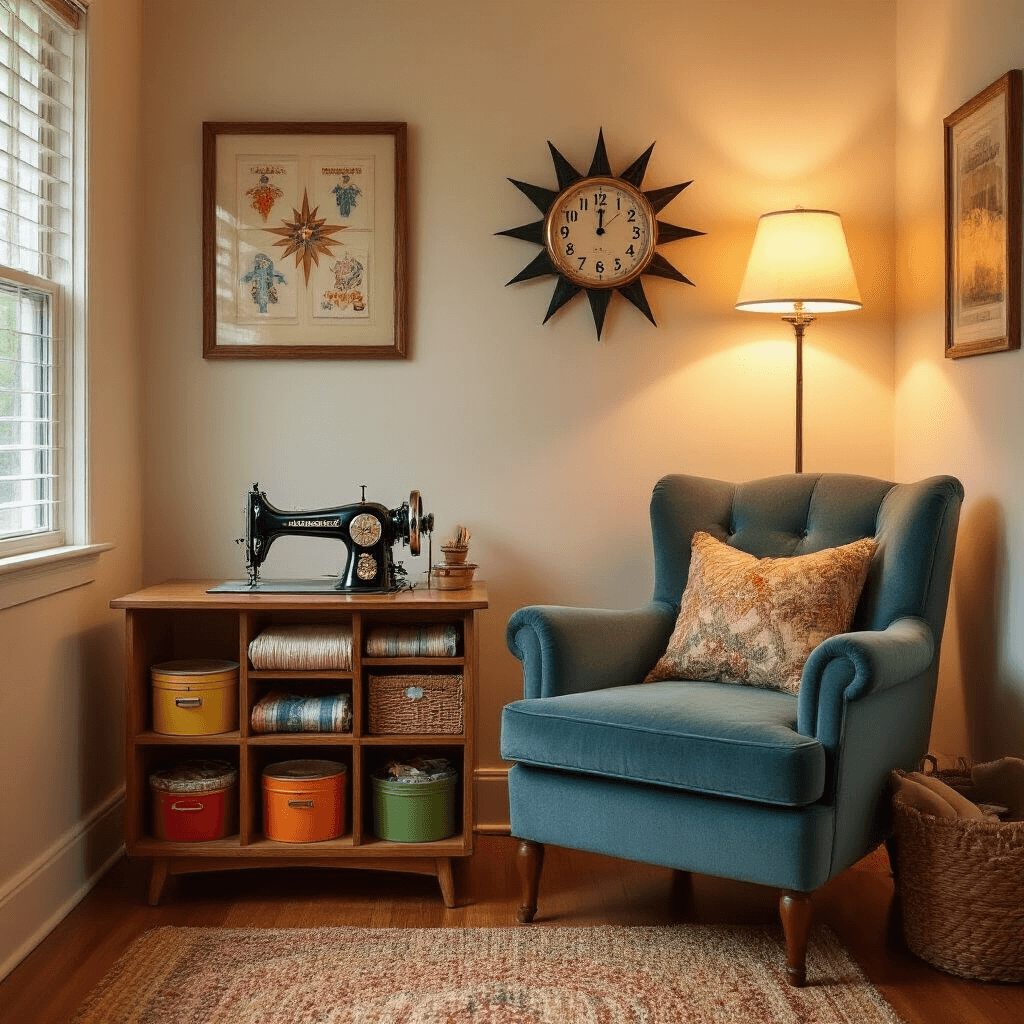 A cozy 1950s-inspired craft corner in a small living room alcove, featuring a teal velvet armchair, a vintage sewing machine on a mid-century side table, and a wooden cubby unit with colorful fabric rolls and sewing notions, all illuminated by warm lamp light, with a starburst clock and retro sewing patterns on the wall, and a braided rug on the hardwood floor.