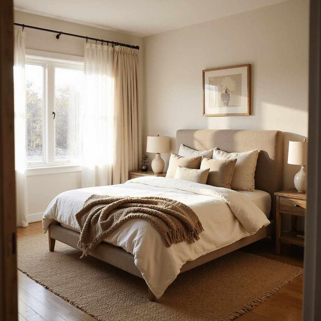 A serene and inviting bedroom featuring a king-size bed layered with a cream linen duvet, chunky oatmeal throw, and neutral pillows, illuminated by golden hour light filtering through sheer linen curtains. The warm ivory walls and natural jute rug create a calming ambiance, complemented by weathered oak nightstands and textured ceramic table lamps. Soft abstract wall art adds a subtle touch, while the camera captures the tranquil atmosphere from the doorway.