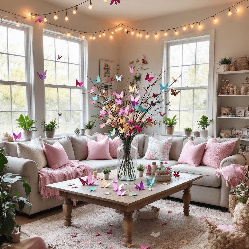 A cozy living room transformed into a butterfly paradise for a craft event, featuring large windows, fairy lights, a farmhouse table with a vase of colorful paper butterflies, a plush sectional sofa with pastel pillows, potted plants, and a whimsical butterfly decor, all bathed in soft afternoon light.