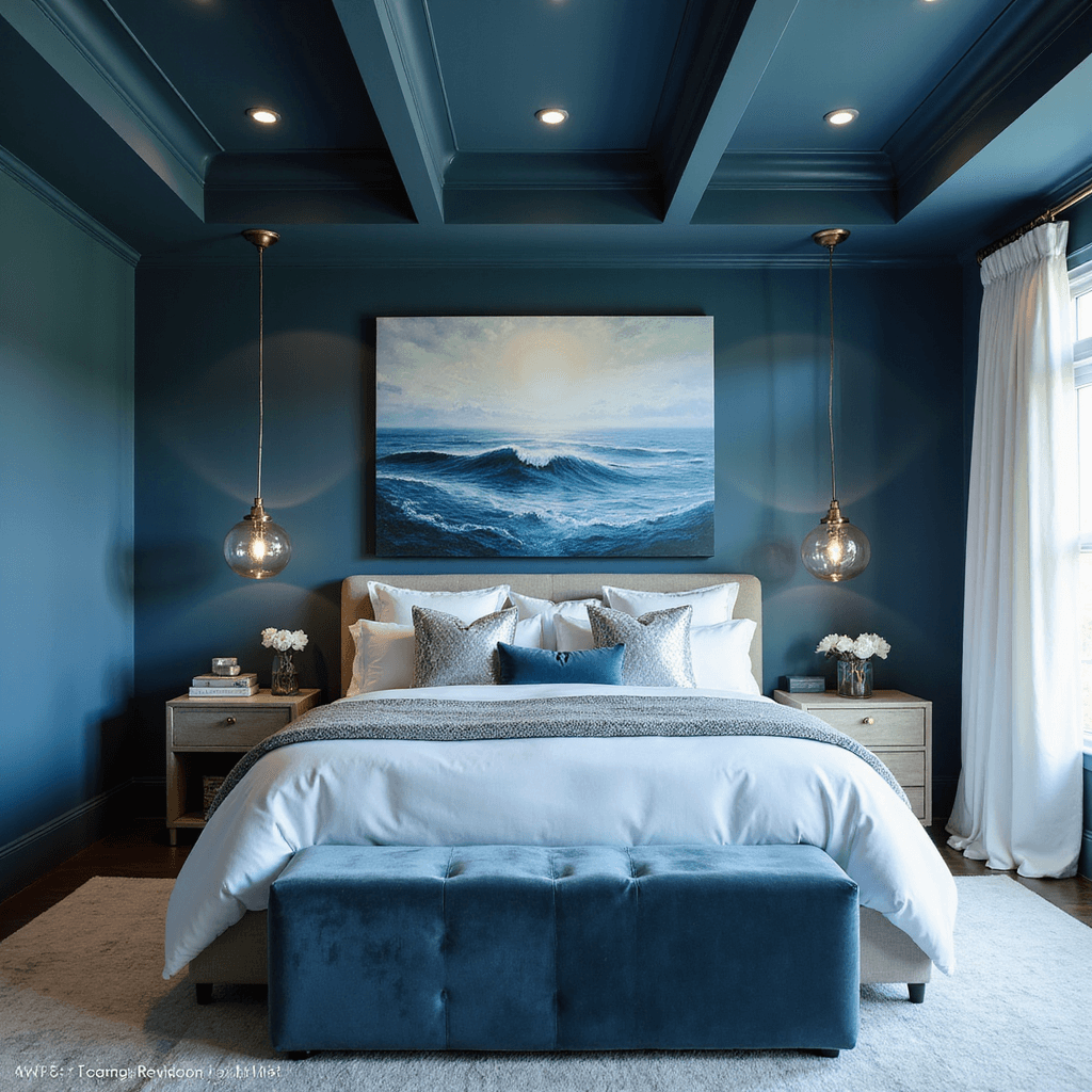Master bedroom featuring deep teal walls, a California king bed with white and ocean-inspired linens, oversized abstract seascape, mercury glass pendant lights, a silvered blue velvet bench, and billowing white sheers, all showcased in a low-angle shot capturing architectural ceiling details and dramatic side lighting.