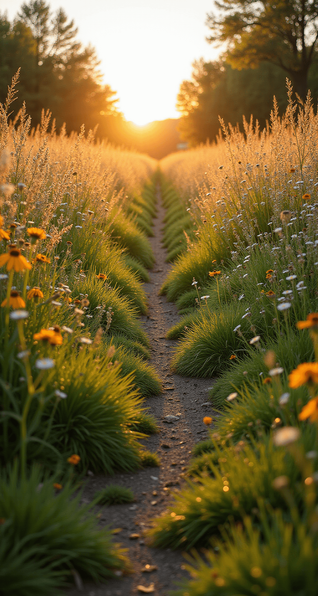 A serene grass pathway meanders through a vibrant wildflower meadow at sunrise, with chest-high grasses and blooming Queen Anne's Lace and Black-Eyed Susans illuminated by golden morning light. Morning dew glistens like diamonds, and backlit grasses create an ethereal atmosphere, captured from human eye level in a shallow depth of field.
