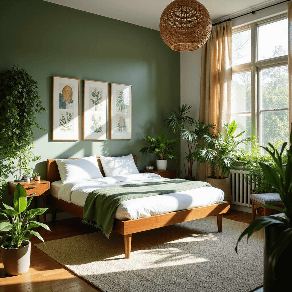Sun-drenched bedroom with sage green accent wall, mid-century walnut platform bed, abundant potted plants, rattan pendant light, natural fiber curtains, vintage botanical prints, and a cream/green patterned handwoven wool rug, captured at a 45-degree angle to emphasize layers of greenery and natural light.