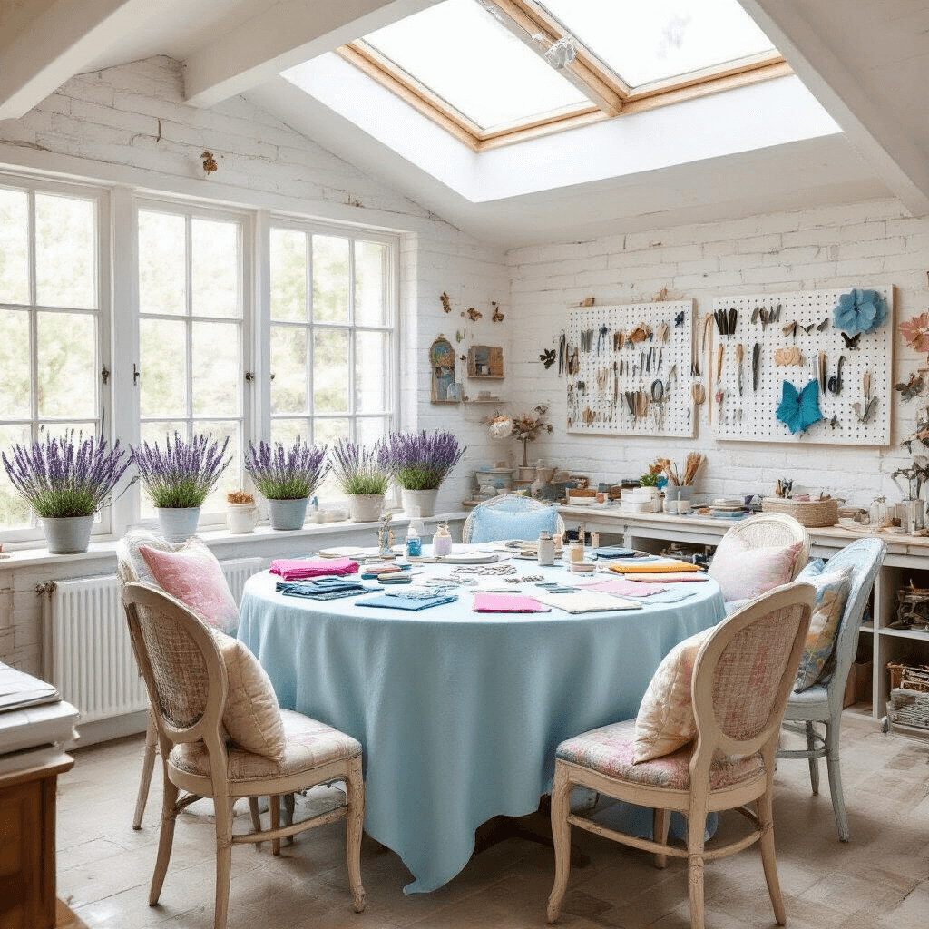 A bright, airy craft room for a butterfly brooch workshop, featuring a round table with a pale blue cloth and surrounded by mismatched vintage chairs. The table is adorned with fabric scraps, felt sheets, and beads, under a skylight that floods the space with natural light. Tools hang on a pegboard wall, while potted lavender adds a pop of color to the pastel-themed room.