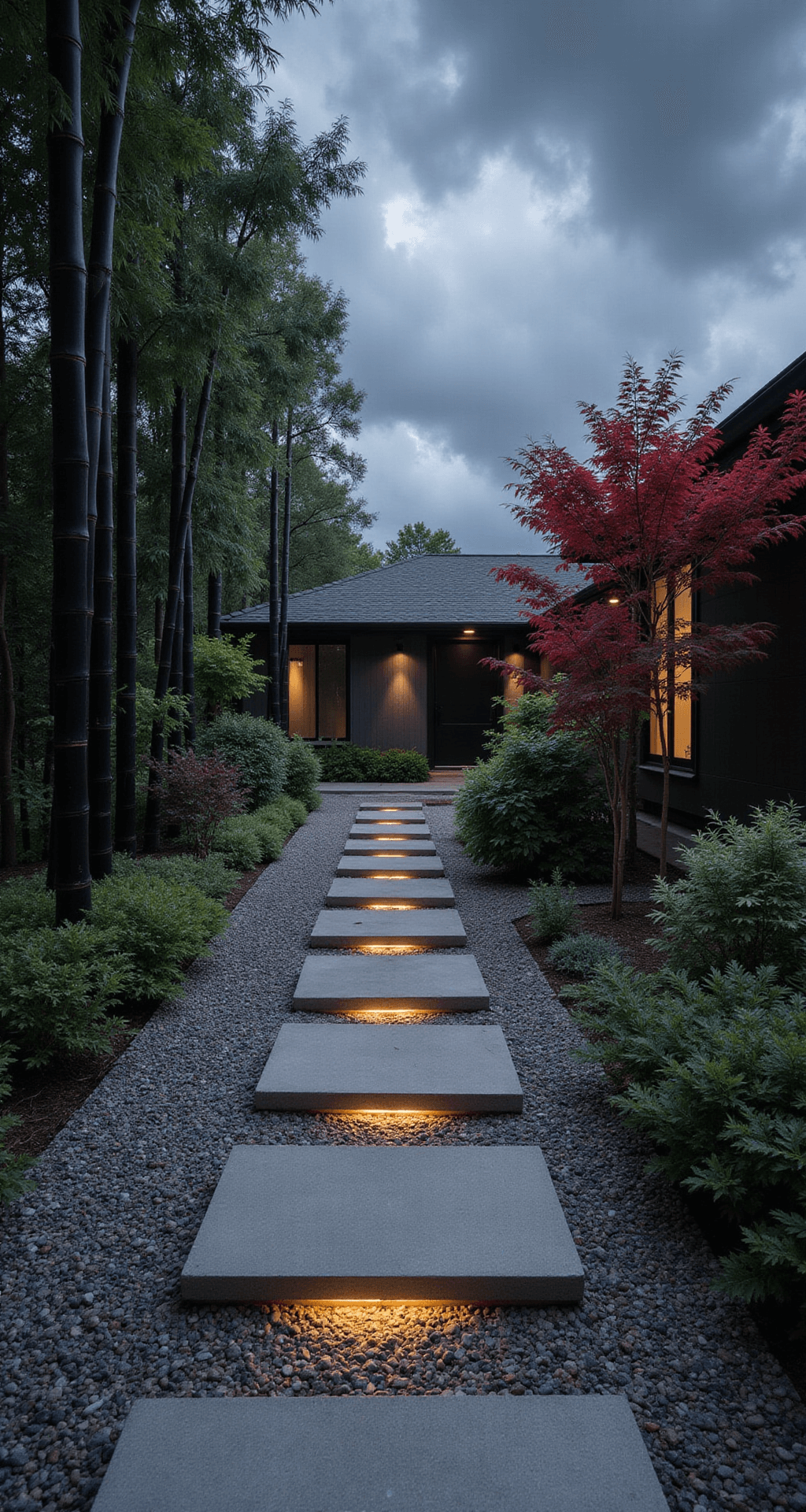Contemporary stepping stone path featuring large square concrete pavers over a river rock bed, illuminated by LED strip lighting and set against dramatic storm clouds, with striking black bamboo and a single red Japanese maple accent.