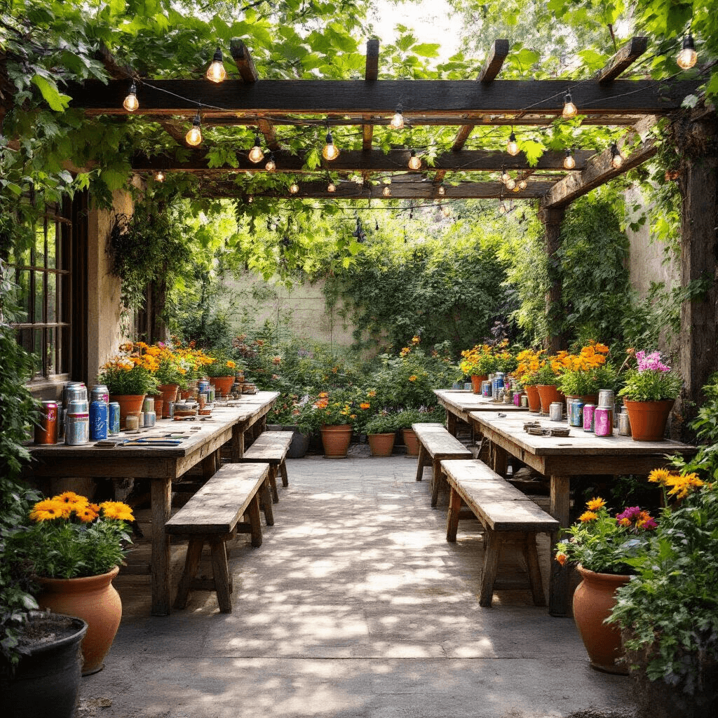 Outdoor patio transformed for a butterfly garden art workshop, featuring rustic U-shaped tables with tools and vibrant paints, stacks of cleaned soda cans, terracotta pots with flowers, and string lights overhead, all dappled in late afternoon sunlight.