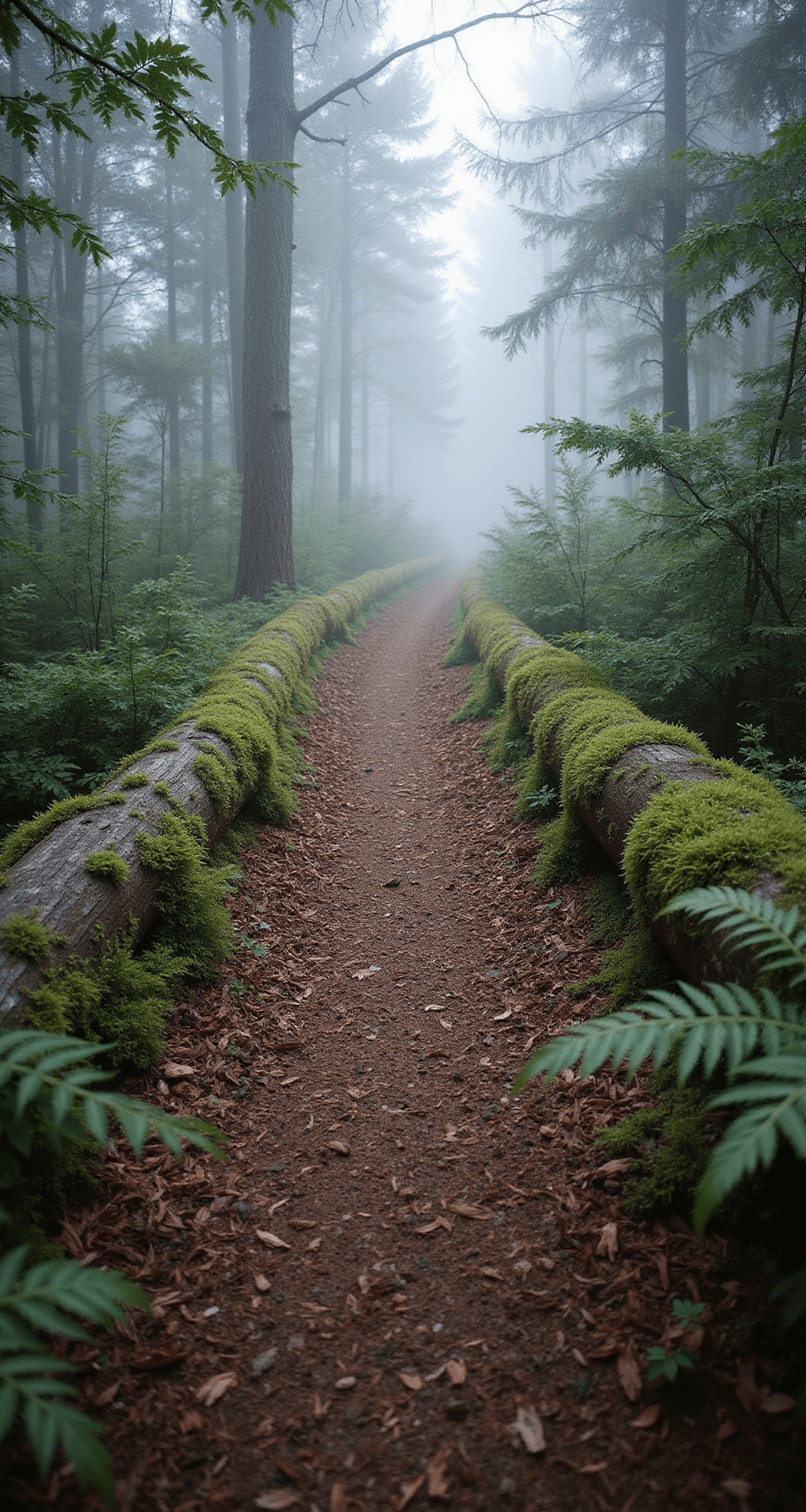 Woodland mulch path in early morning fog, lined with ferns and moss-covered logs, leading into the misty forest, emphasizing organic textures and ethereal atmosphere.
