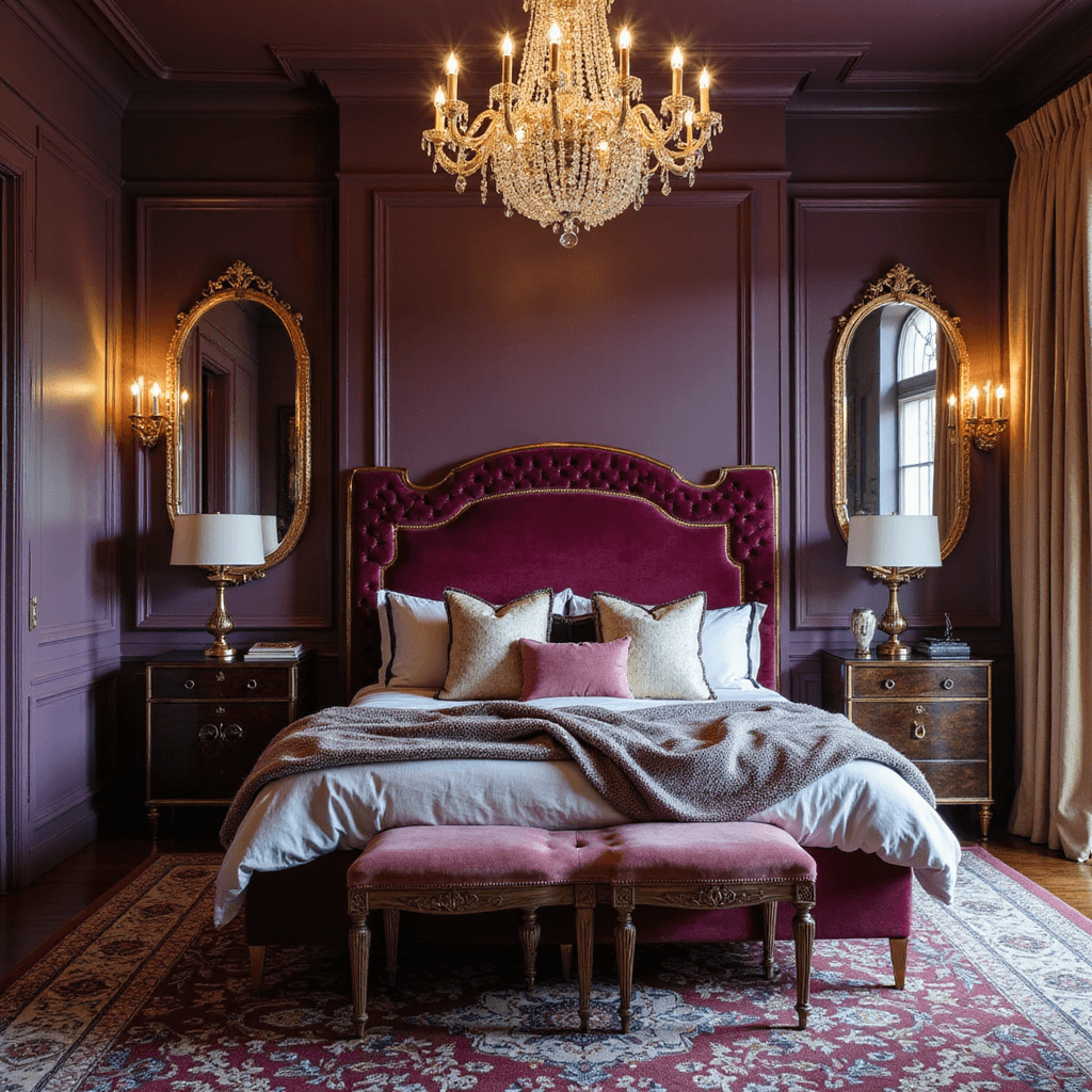 A moody bedroom featuring vintage elements, with dramatic purple-grey walls, an Art Deco brass bed frame, rich velvet headboard, and a crystal chandelier casting prismatic light. Antique gold mirrors reflect warm tones, while champagne silk drapery and a deep jewel-toned Persian rug add luxury. The scene is enhanced by evening lighting from vintage brass sconces, creating a romantic and sophisticated atmosphere.