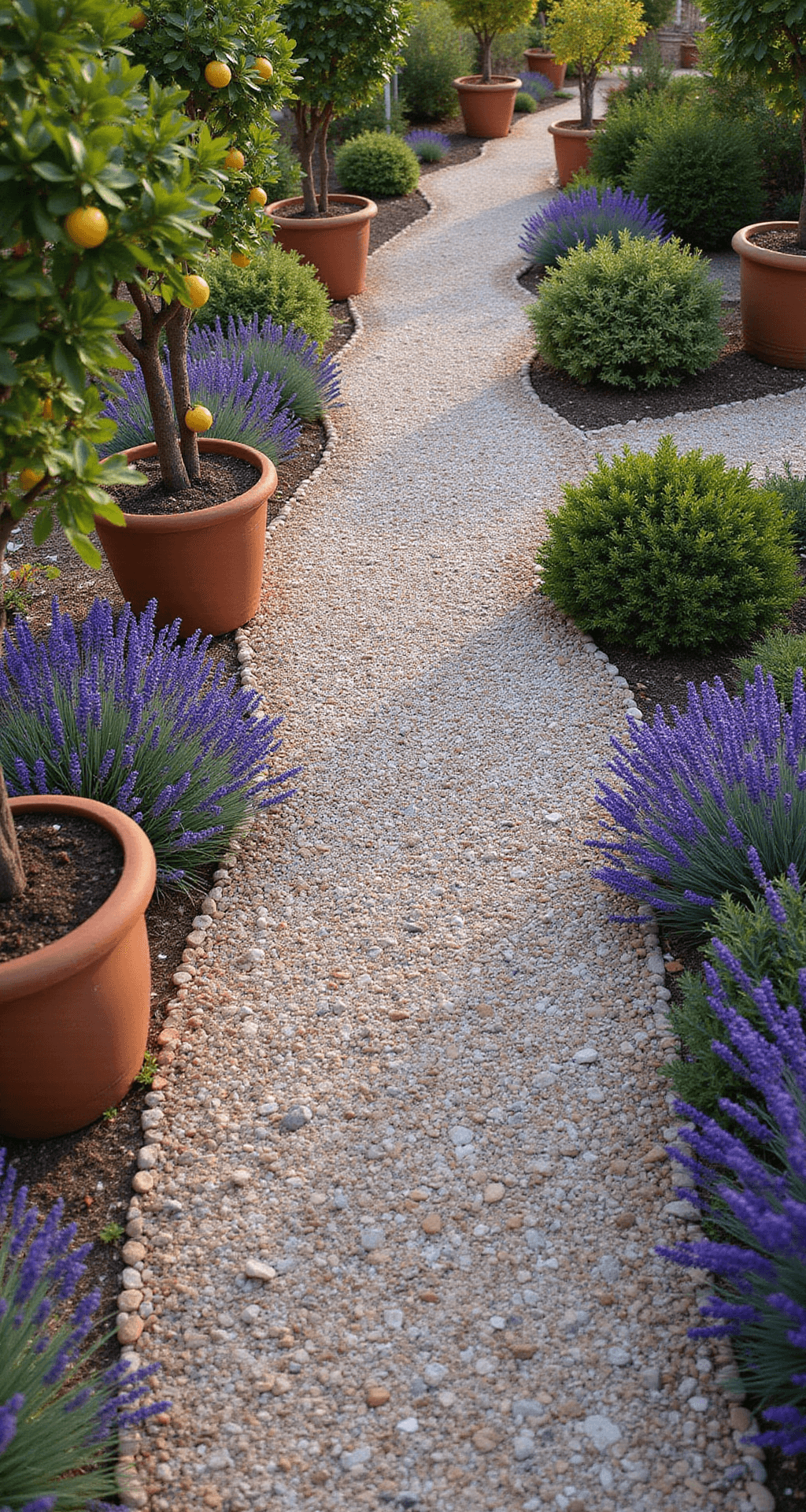 Drone shot of a Mediterranean-style pebble mosaic path in late afternoon light, featuring a wave pattern of hand-laid river pebbles, terracotta pots with citrus trees along the path, and lavender borders, showcasing warm earth tones and vibrant pops of color.