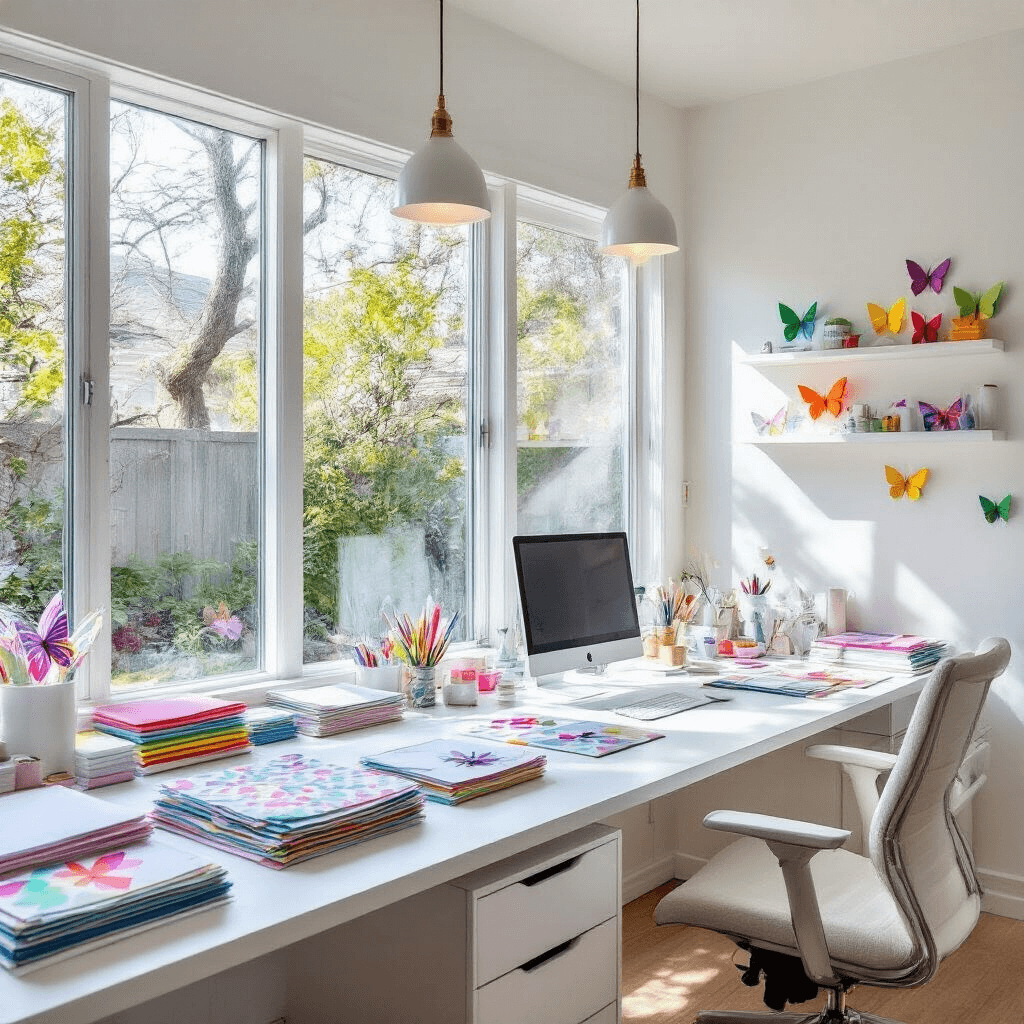 A minimalist home office transformed into a paper butterfly art studio, featuring a sleek white desk, colorful craft materials, and floor-to-ceiling windows overlooking a lush garden, with an accent wall ready for butterfly installations and floating shelves displaying completed sculptures, all captured in soft morning light.
