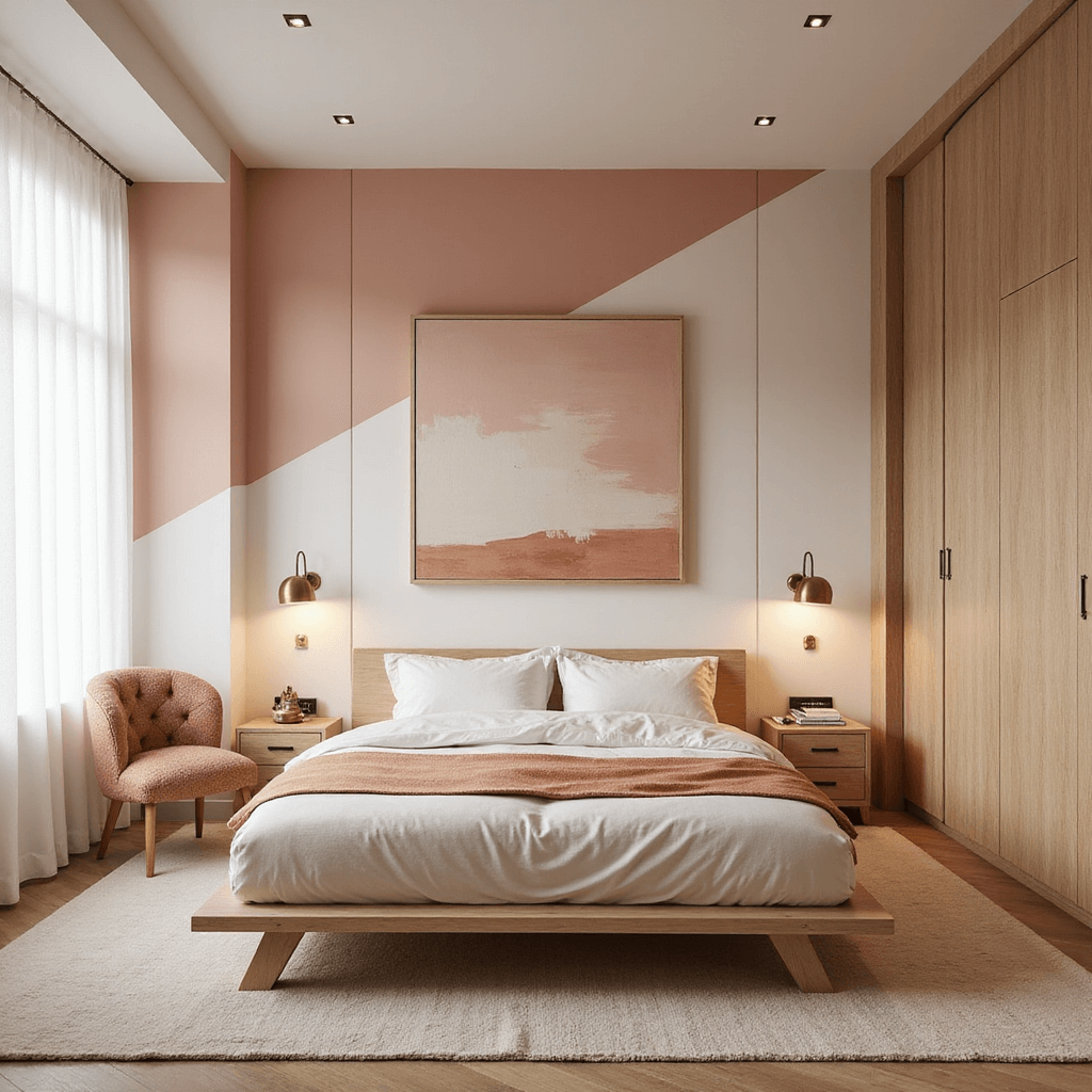 A serene corner bedroom at dawn featuring color-blocked walls in soft pink and cream, a bleached oak platform bed, minimalist brass lighting, and abstract art in blush and copper tones, complemented by a Mongolian wool accent chair and a pale copper silk runner. The wide-angle view captures the morning light streaming through floor-to-ceiling windows with sheer panels, enhanced by warm LED uplighting for a fresh and modern atmosphere.