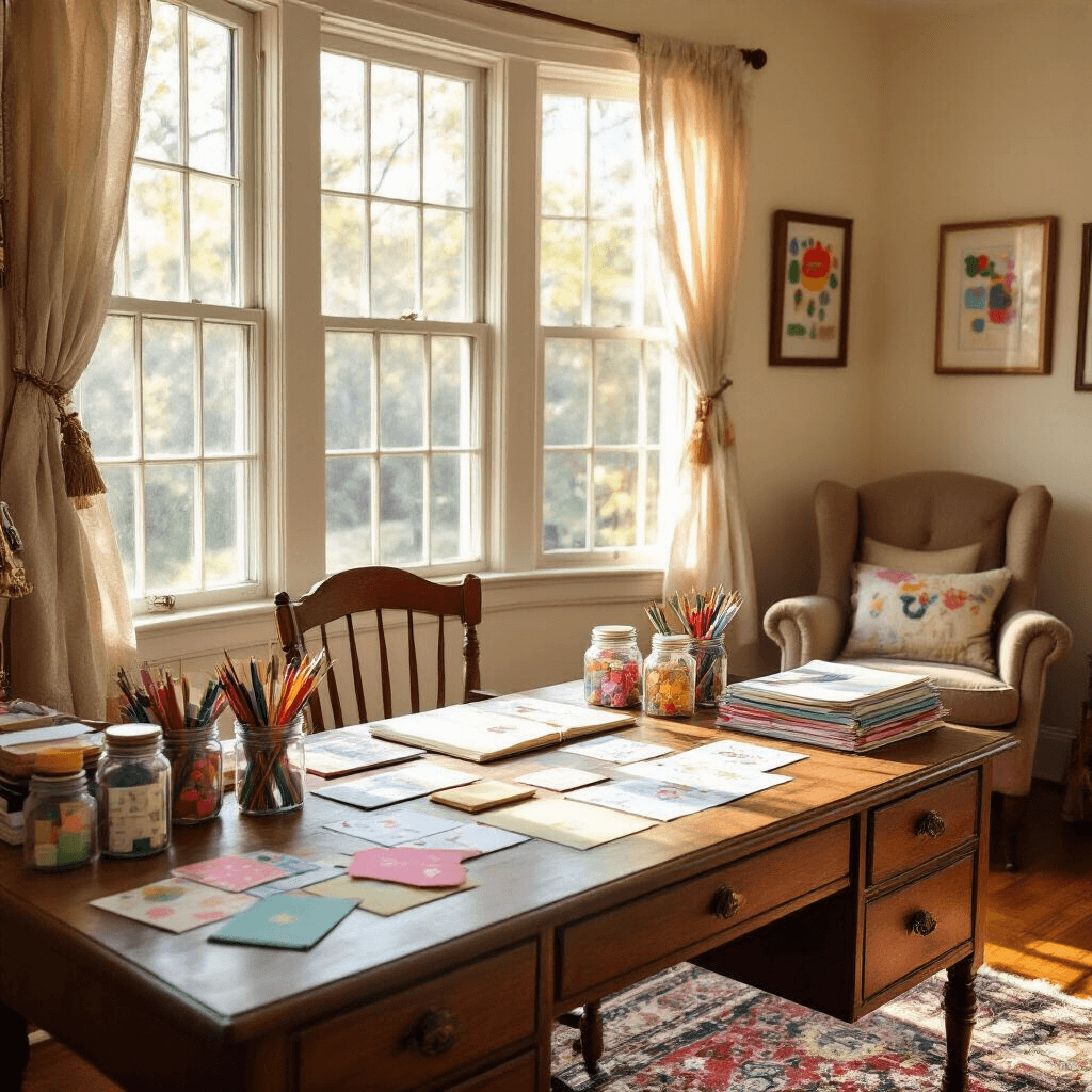A cozy home office with warm afternoon light, featuring a vintage oak desk covered in handmade cards, colorful craft supplies in mason jars, and framed children's artwork on soft cream walls. A plush armchair holds construction paper, and a worn Persian rug partially covers the hardwood floor. The scene has a nostalgic, nurturing atmosphere.