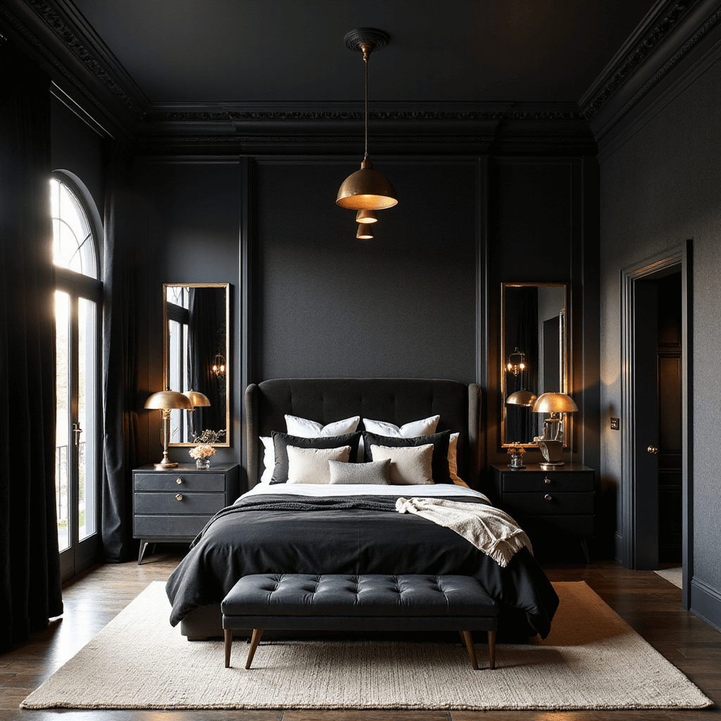 Luxurious black master bedroom featuring a king-sized bed with layered black and white bedding, brass pendant lights, and velvet curtains, captured during golden hour with warm lighting and moody atmosphere.