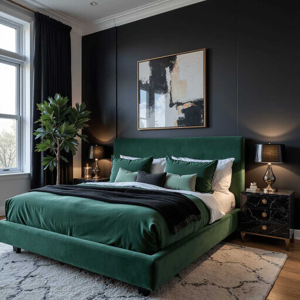A contemporary bedroom featuring a dramatic black accent wall and a large emerald velvet headboard, complemented by black marble side tables with smoky glass lamps. The room is illuminated at dusk, showcasing oversized abstract art in black, white, and gold, a potted fiddle leaf fig, and sheer black drapery filtering the evening light, all captured from a high-angle corner perspective.