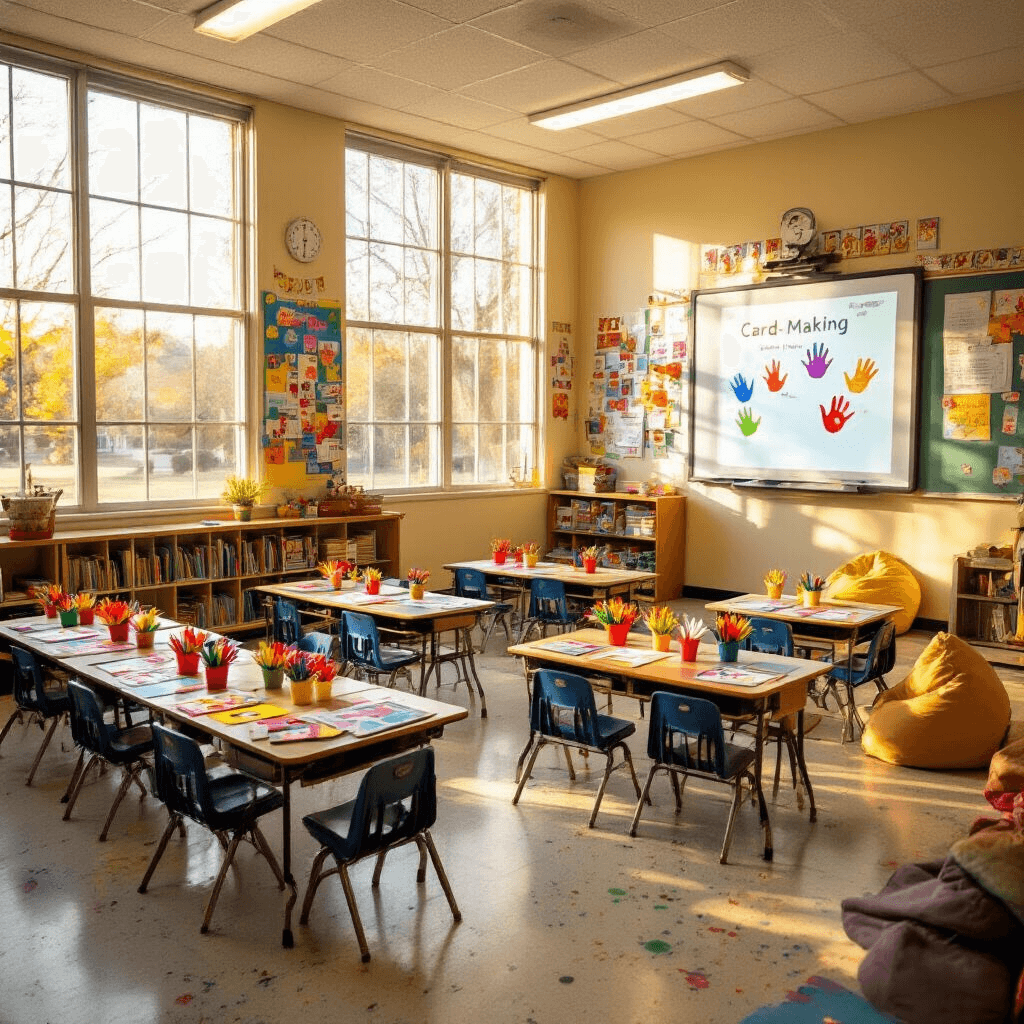 A warmly lit elementary school classroom after hours, featuring small desks arranged in a semicircle with colorful handprint cards, a smartboard displaying card-making instructions, educational posters, and student artwork on the walls, a cozy reading nook with bean bags, and a speckled linoleum floor, all captured from a child's eye level.