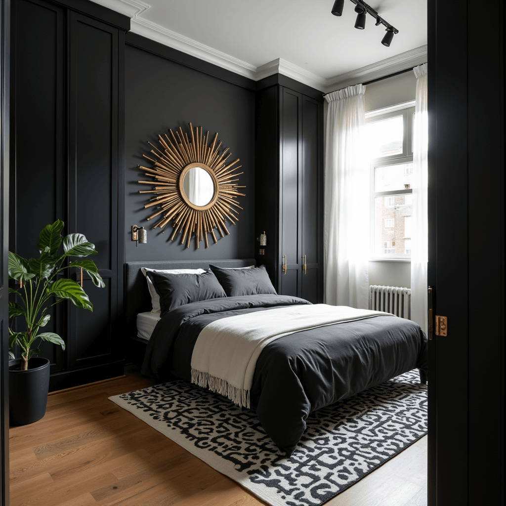 A cozy black bedroom studio featuring floor-to-ceiling wardrobes, a floating queen bed with charcoal linen and ivory silk, a geometric black and white rug, and a sunburst mirror, all softly illuminated by bright morning light filtering through sheer curtains. A small fiddle leaf fig adds a touch of greenery.
