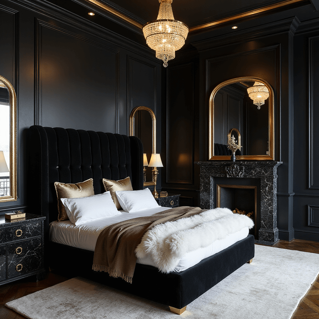Luxurious Art Deco-inspired black bedroom at twilight, featuring a king bed with a tall velvet headboard, crystal chandelier, black marble fireplace, and elegant decorative details.