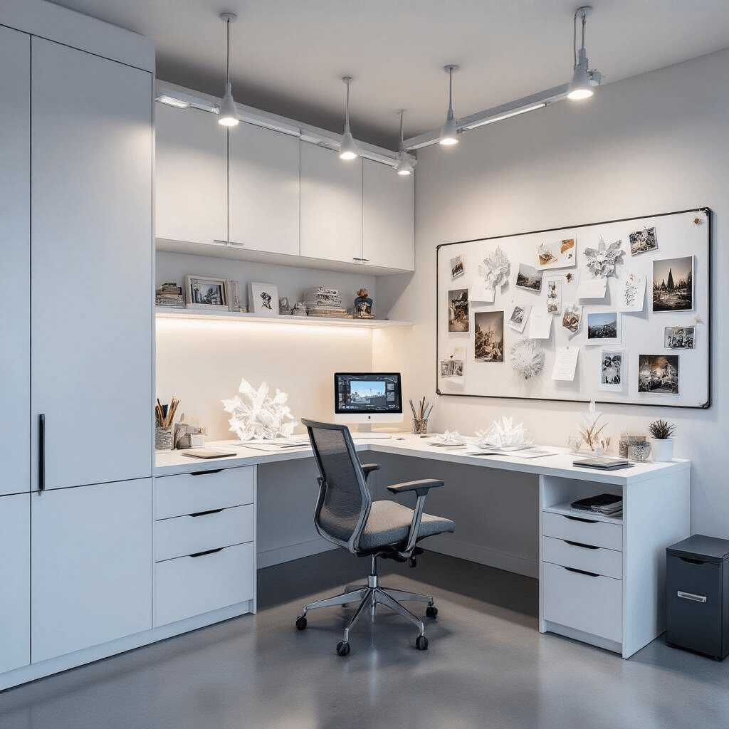 A modern, minimalist home studio with cool LED track lighting, featuring sleek white built-ins, a floating desk for crafting intricate 3D pencil pop-up cards, a wall-mounted tablet with video tutorials, a floor-to-ceiling magnetic board with design sketches, an ergonomic chair, and a small filing cabinet, all set on polished concrete flooring, captured from a high angle showcasing the entire layout.