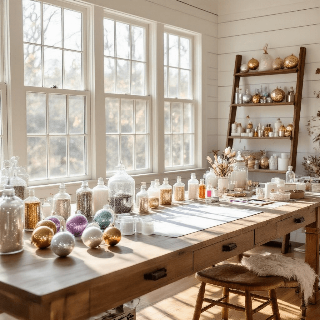 A cozy craft room with white shiplap walls and warm oak floors, featuring a large farmhouse table covered in colorful glitter supplies and clear plastic ornaments, with a vintage ladder shelf displaying finished glittery ornaments, all bathed in soft afternoon light.