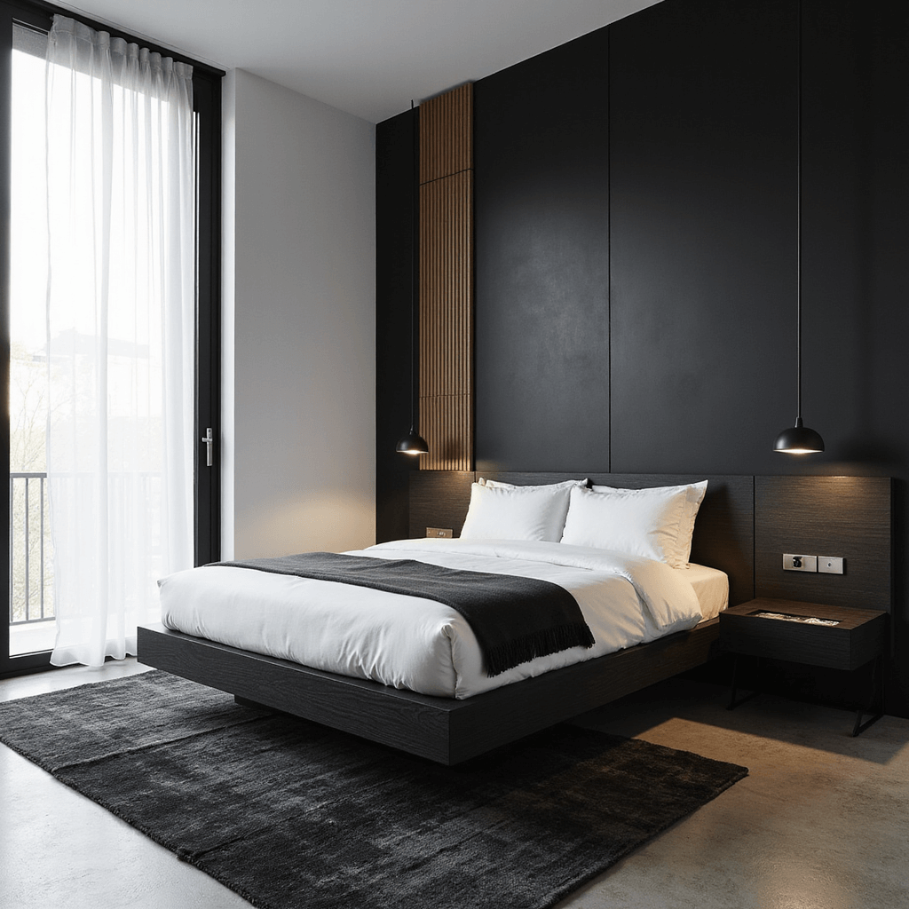 A minimalist black bedroom featuring a matte black accent wall with wood slat detail, a low-profile black oak platform bed with white bedding, floating nightstands with LED lighting, a large black-framed window with sheer panels, and a concrete floor adorned with a black vintage rug, captured from a bird's eye view in natural mid-morning light.