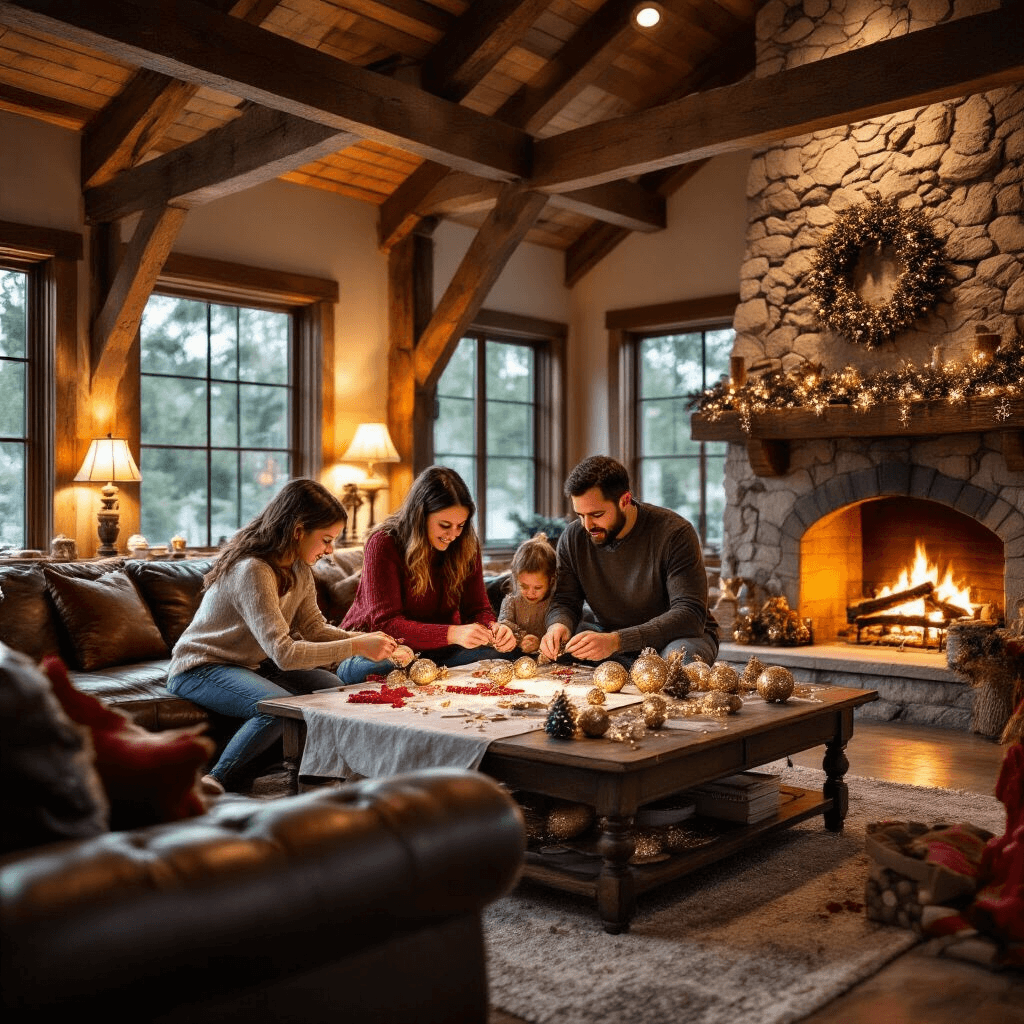 A cozy evening scene in a rustic living room with exposed wooden beams and a stone fireplace, where a family gathers around a crafting station covered in supplies for making glitter ornaments. Warm light from table lamps and the fireplace casts a golden glow over rich browns, deep reds, and forest greens, enhancing the intimate atmosphere.