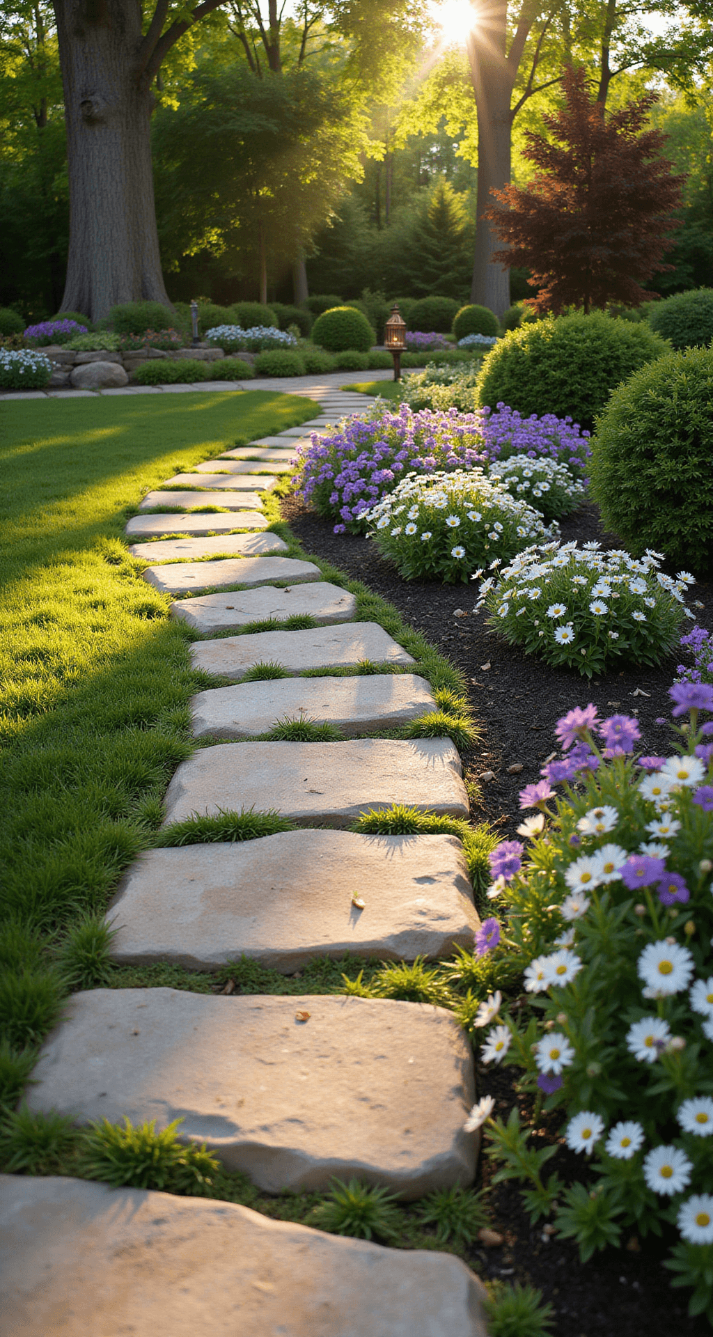A serene residential garden at golden hour, featuring a winding limestone border that separates a lush lawn from a flower bed of purple salvias and white daisies. Natural stones stacked in warm beige tones with moss grow between crevices, while dappled sunlight filters through overhead maple trees. A copper garden lantern is positioned at the border's curve, captured with a shallow depth of field to emphasize the stone's textures.