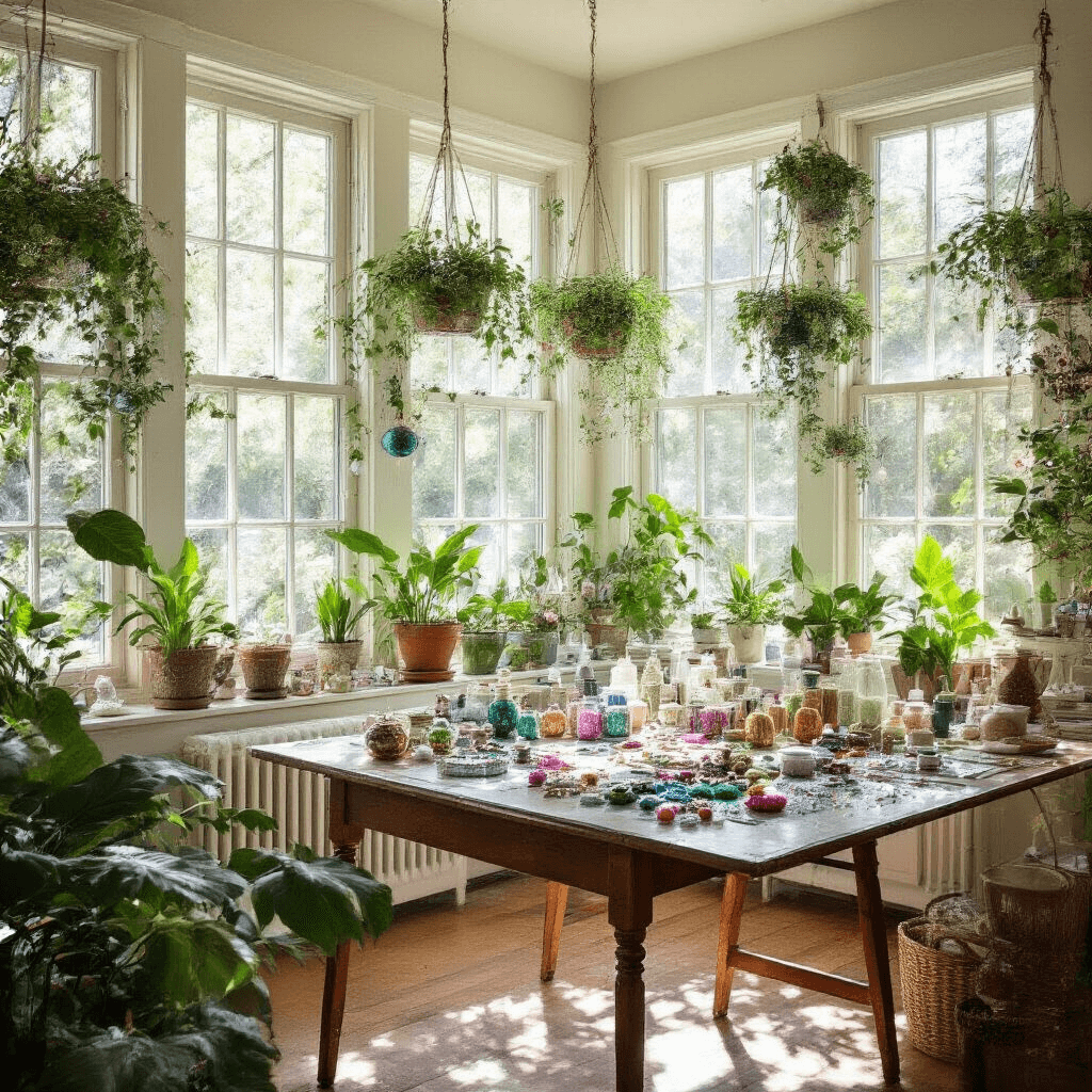 A bright and airy sunroom transformed into a vibrant ornament workshop, featuring a vintage drop-leaf table cluttered with colorful crafting supplies, floor-to-ceiling windows allowing natural light to flood the space, and greenery from potted plants and hanging baskets.