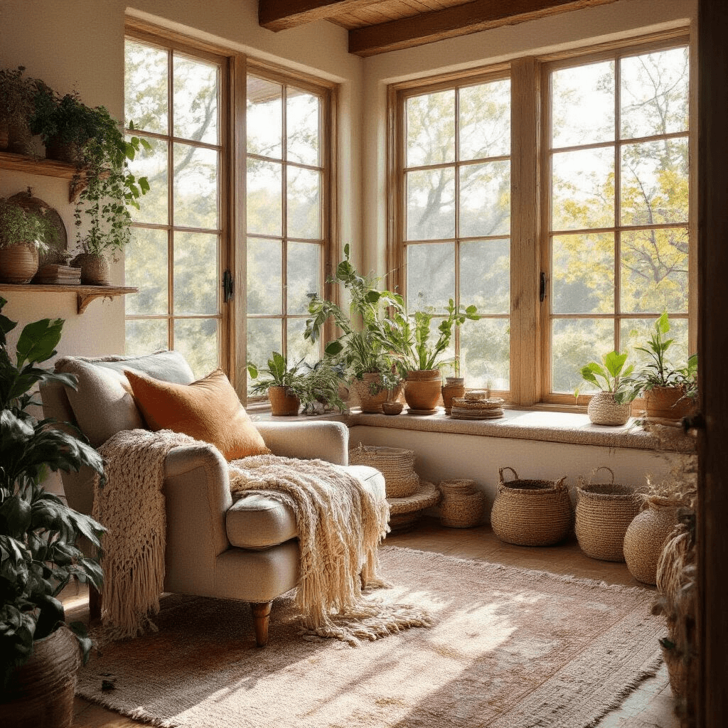 A cozy boho-chic living room with large windows, exposed beams, and a reading nook featuring a plush armchair draped in a macramé throw. A floating shelf displays DIY resin coasters with pressed wildflowers, illuminated by warm afternoon light. The earthy color palette includes terracotta, sage, and cream, enhanced by layered rugs, potted plants, and woven wall hangings.
