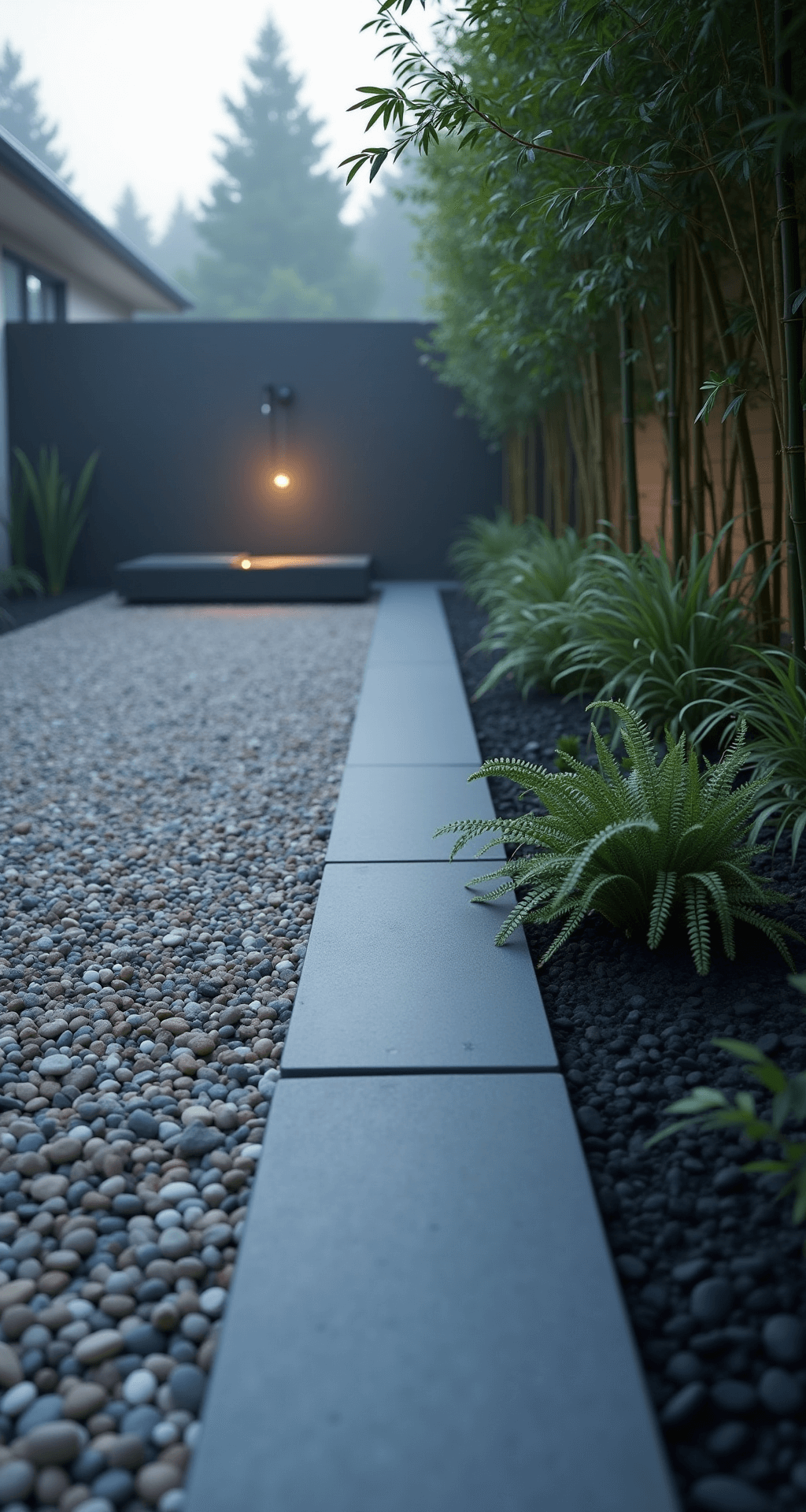 A low-angle view of a modern garden scene at 7am, featuring a sleek charcoal gray concrete border dividing a minimalist zen garden and gravel pathway, with morning mist, dewdrops on ornamental grasses, and a contrast of white river rocks and black bamboo in cool blue-gray lighting.