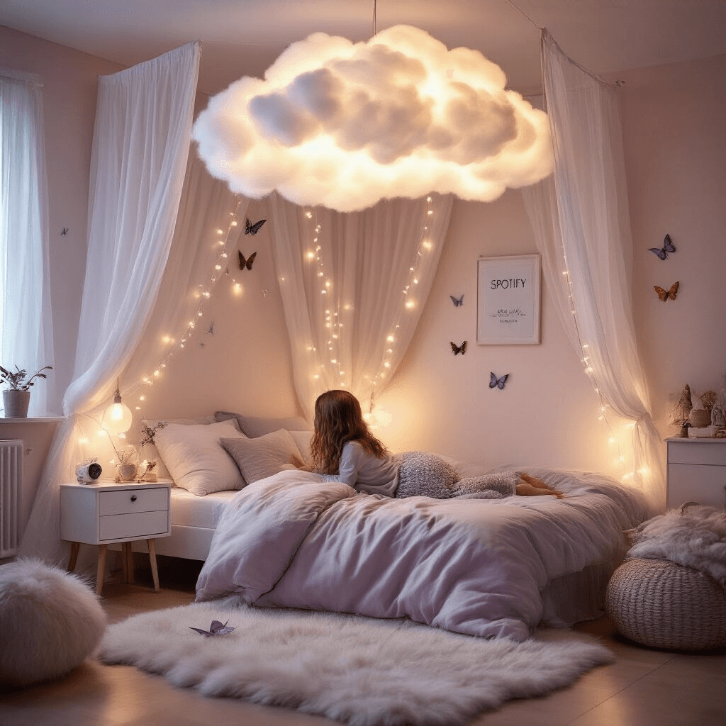 A dreamy teenage girl's bedroom featuring a canopy bed with sheer curtains and fairy lights, bathed in soft evening light. The room has pale blush walls, a whimsical cloud light, a bedside table with a Spotify album plaque, and is decorated with plush pillows, a furry rug, and butterfly mobiles in cool lavender and mint tones.