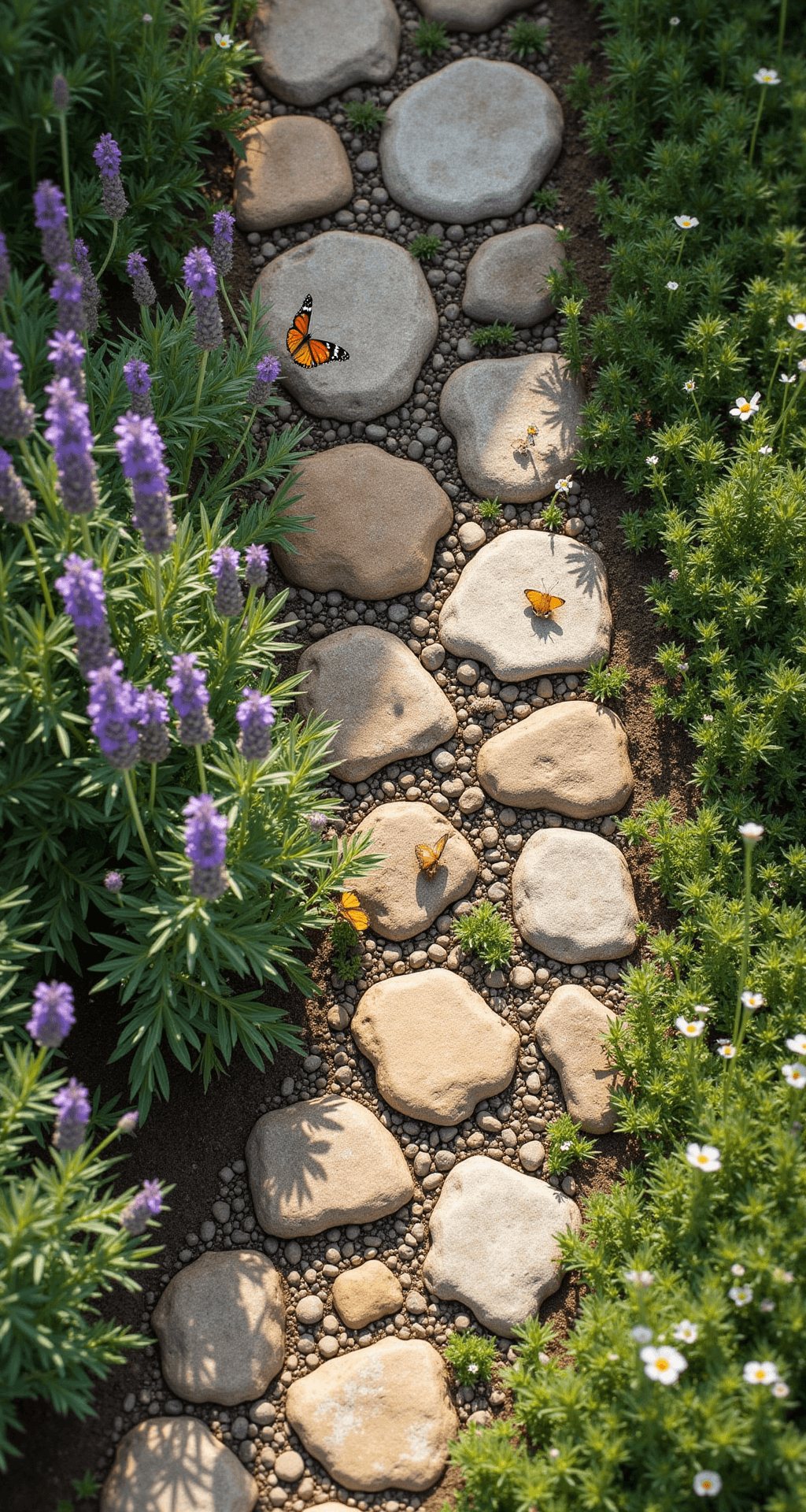 Aerial view of a rustic cottage garden border featuring weathered fieldstones in earthy hues, creating a meandering edge between a wildflower meadow and a cobblestone path, with thyme plants growing in between and English lavender spilling over the edges, under bright sunlight with butterflies nearby.