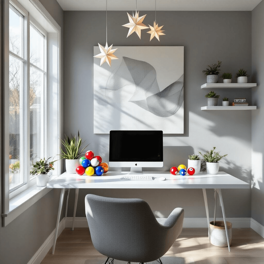 A modern home office with a sleek white desk illuminated by morning light, featuring DIY pool ball candle holders, origami stars casting shadows, an ergonomic chair, floating shelves with succulents, and an abstract canvas in a monochromatic grey palette.